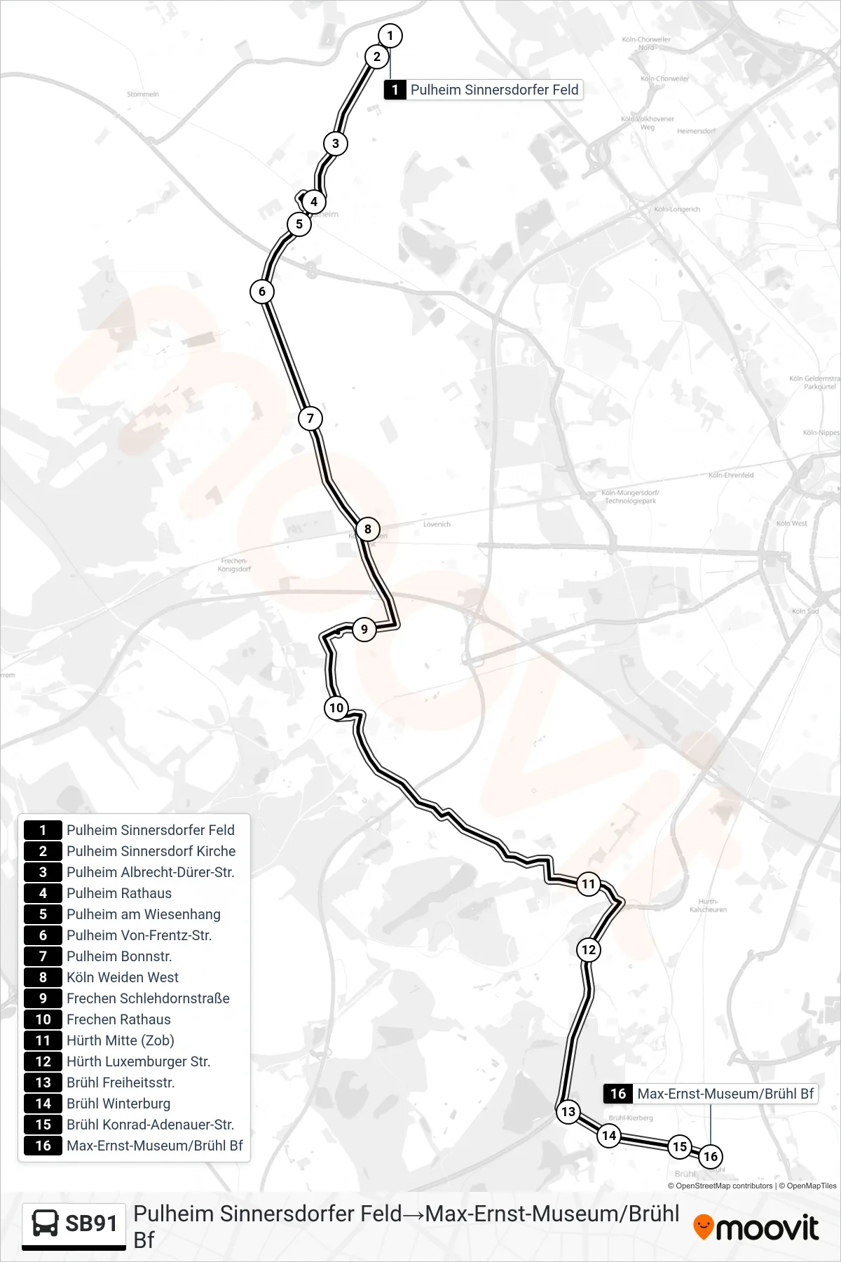 Linie SB91 (Bus) Richtung Pulheim Sinnersdorfer Feld→Max-Ernst-Museum/Brühl Bf: Route und Haltestellen auf der Karte
