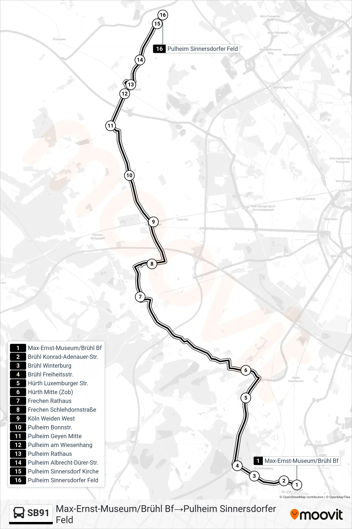 Linie SB91 (Bus) Richtung Max-Ernst-Museum/Brühl Bf‎→Pulheim Sinnersdorfer Feld: Route und Haltestellen auf der Karte