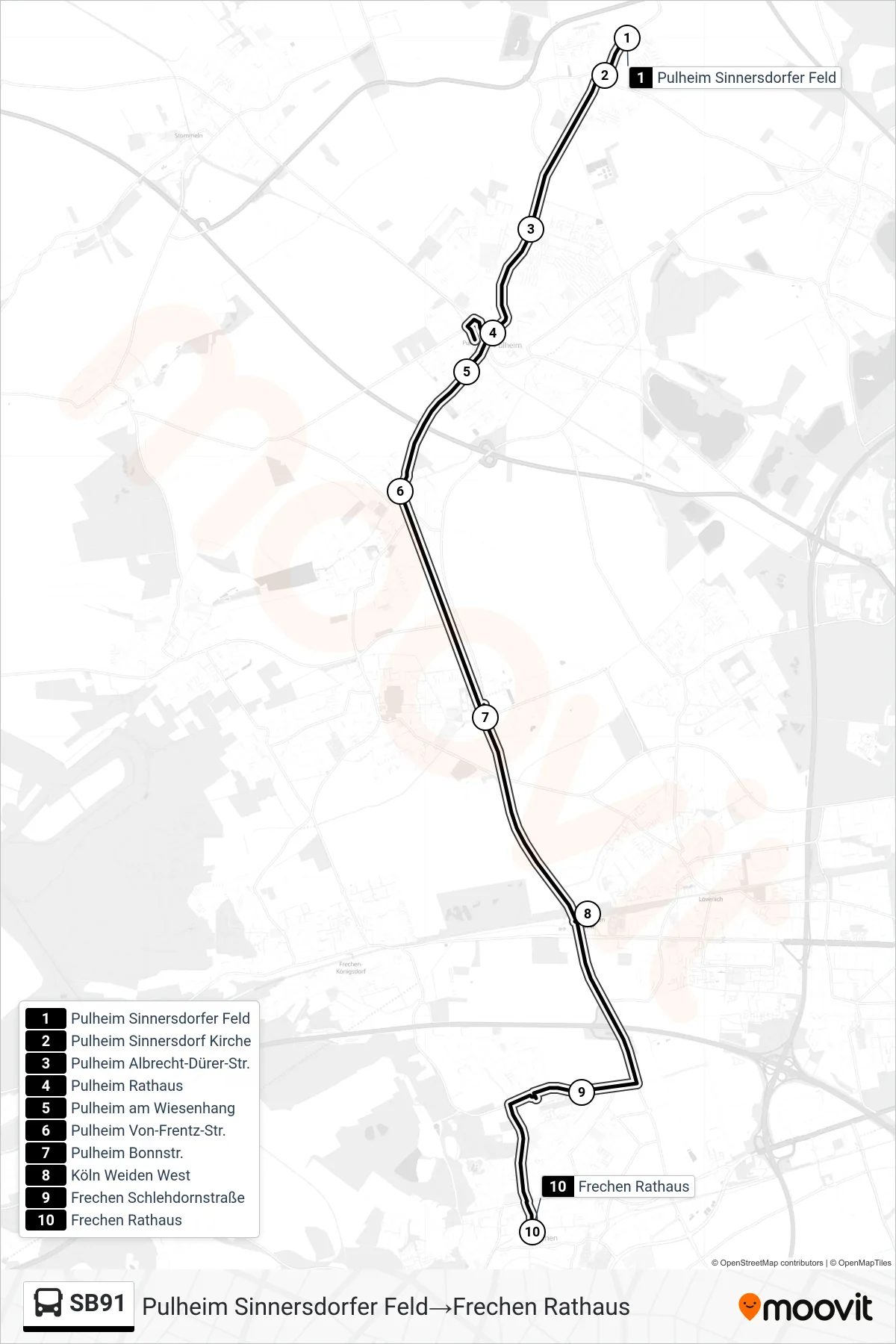 Linie SB91 (Bus) Richtung Pulheim Sinnersdorfer Feld→Frechen Rathaus: Route und Haltestellen auf der Karte