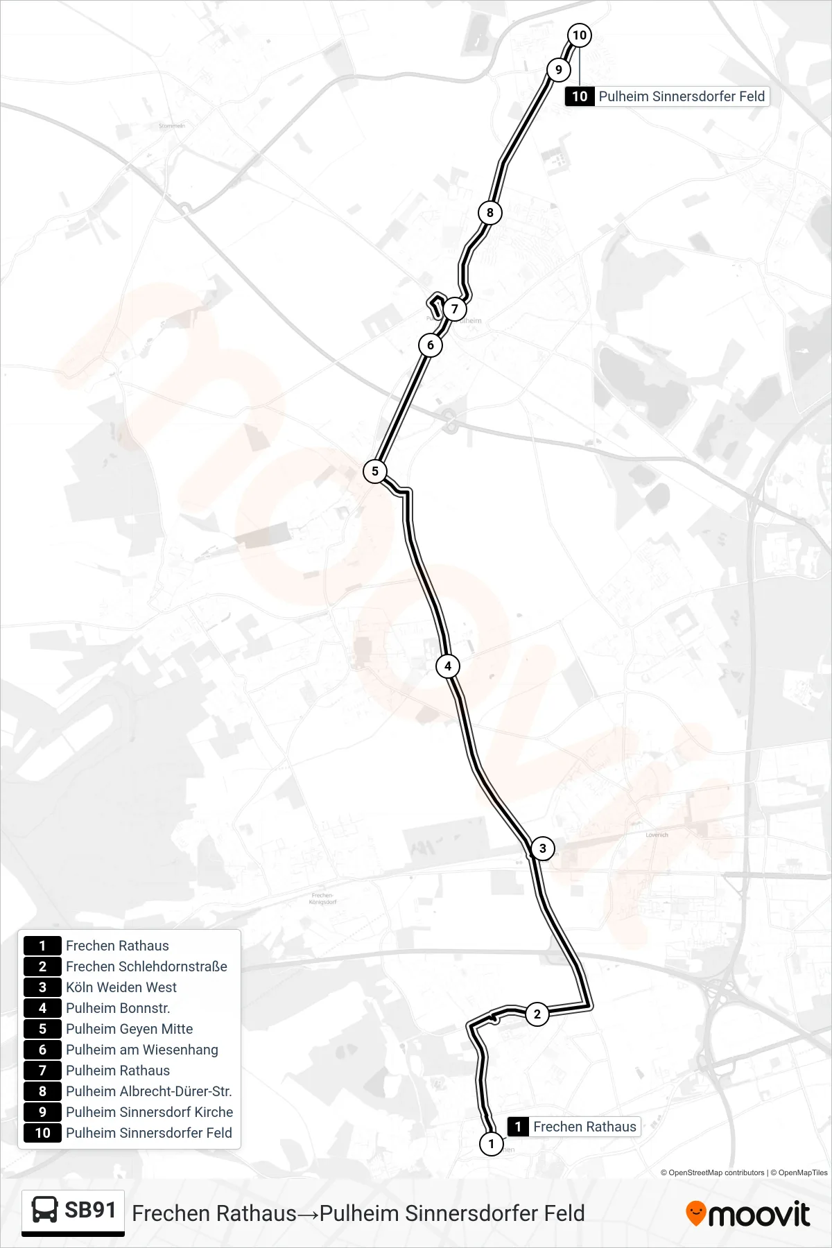 Linie SB91 (Bus) Richtung Frechen Rathaus→Pulheim Sinnersdorfer Feld: Route und Haltestellen auf der Karte