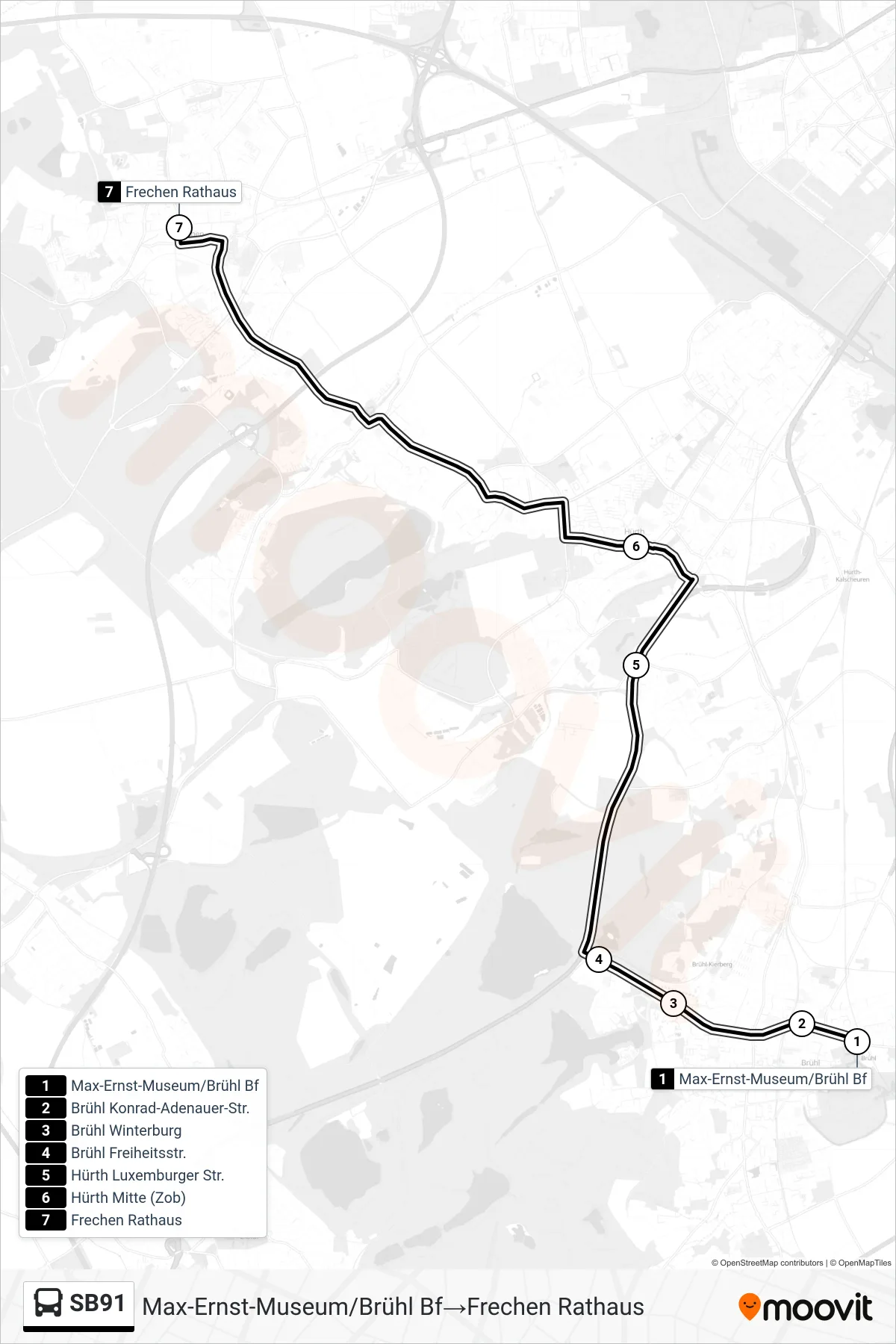 SB91 bus Line (Max-Ernst-Museum/Brühl Bf→Frechen Rathaus) route and stops on a map