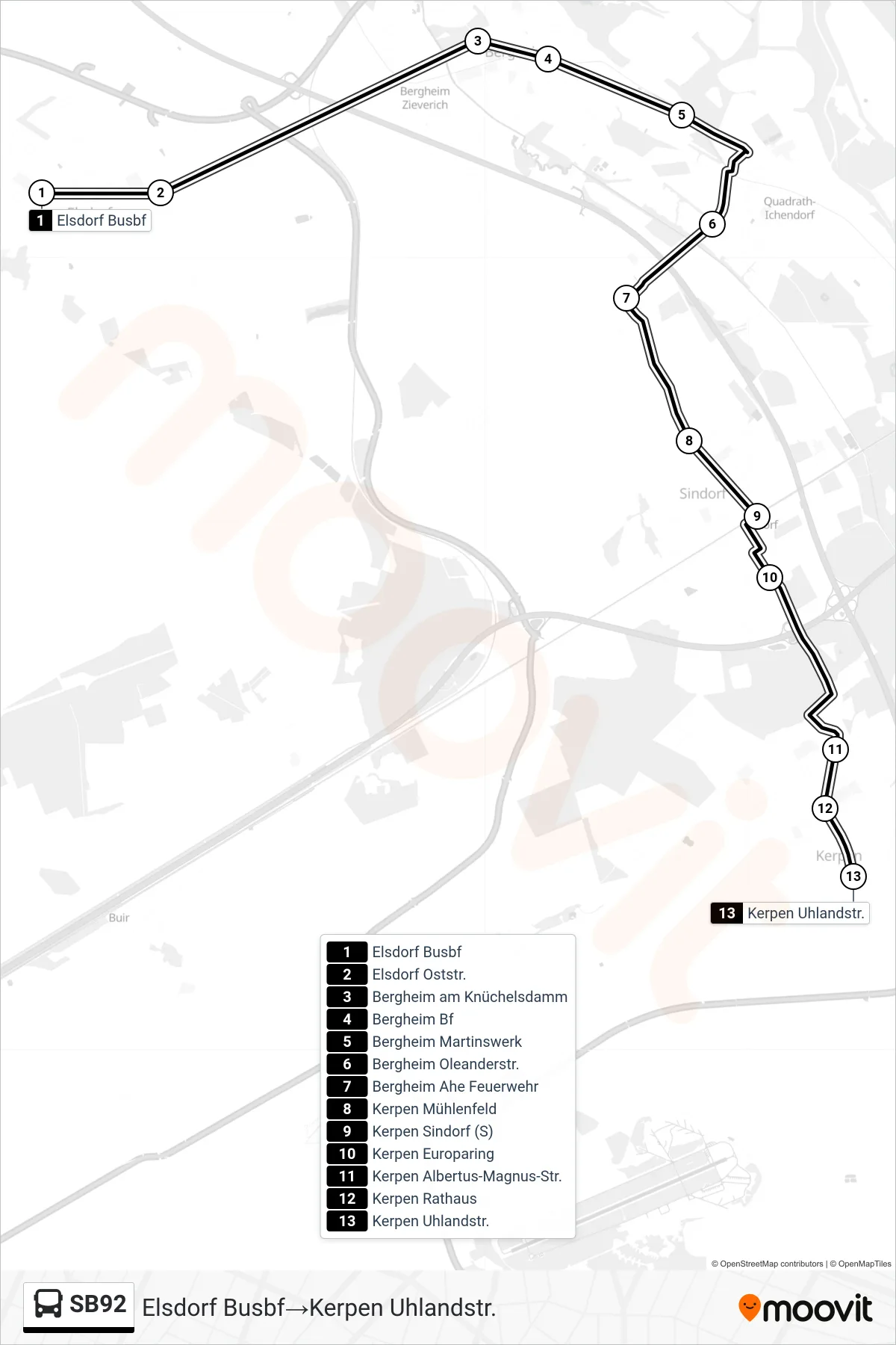 Linie SB92 (Bus) Richtung Elsdorf Busbf‎→Kerpen Uhlandstr.: Route und Haltestellen auf der Karte