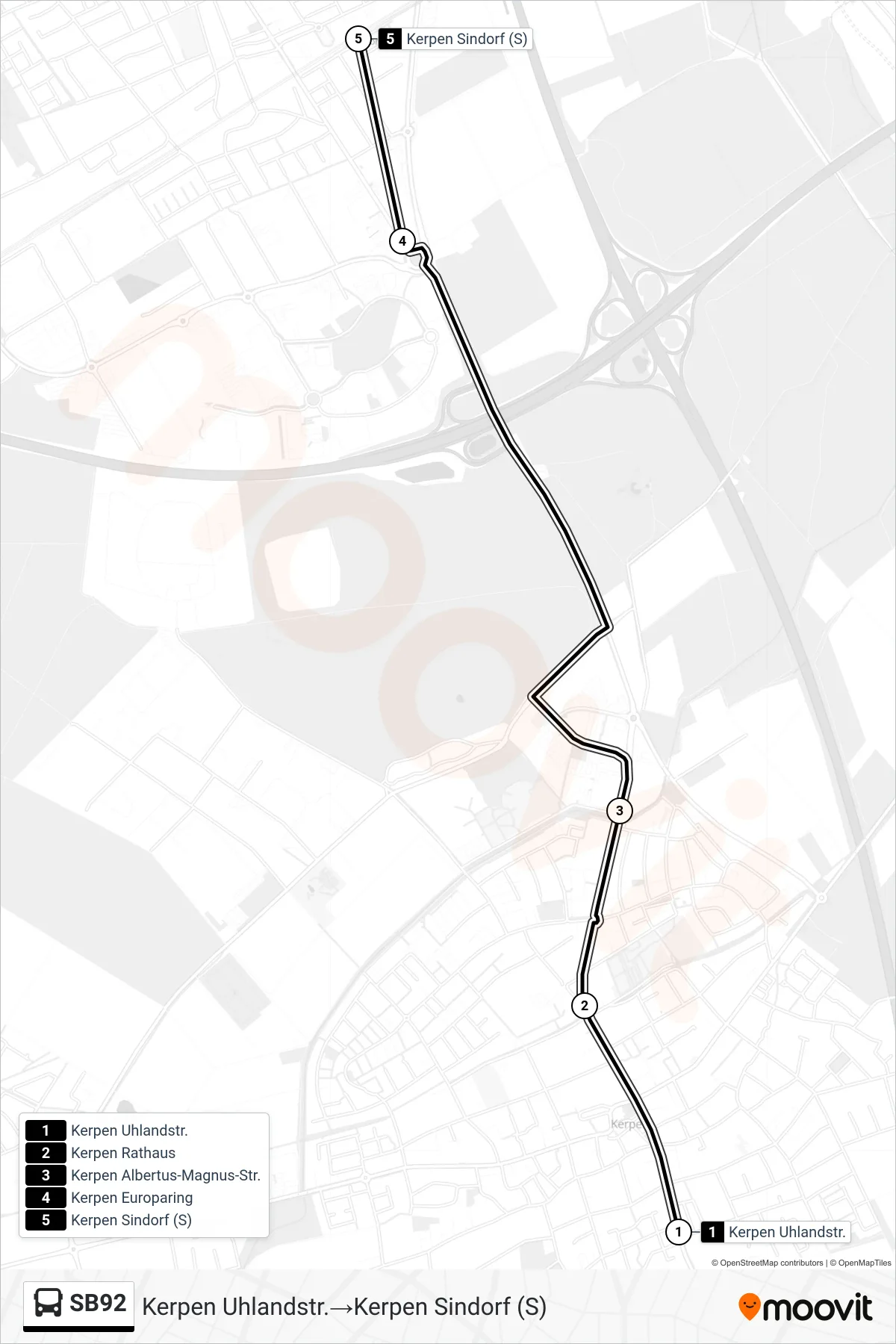 Linie SB92 (Bus) Richtung Kerpen Uhlandstr.→Kerpen Sindorf (S): Route und Haltestellen auf der Karte