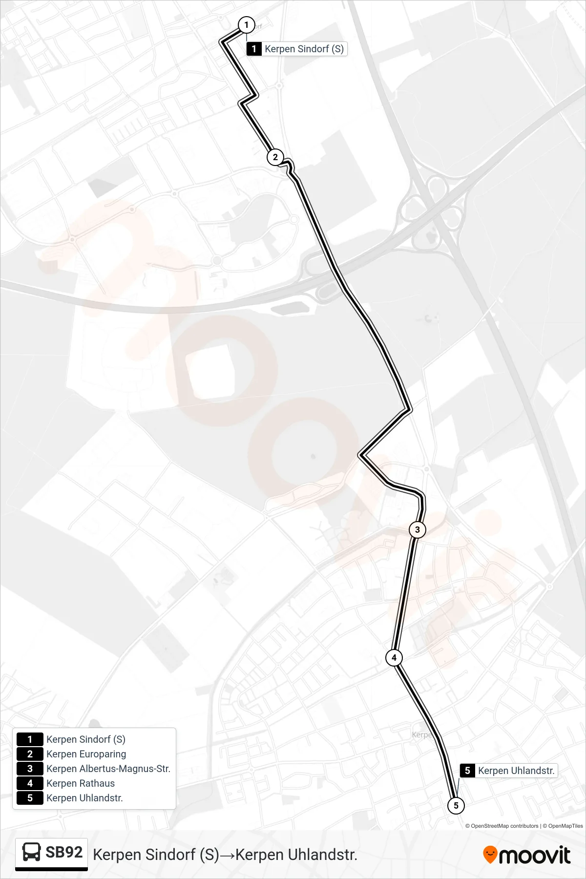 Linie SB92 (Bus) Richtung Kerpen Sindorf (S)‎→Kerpen Uhlandstr.: Route und Haltestellen auf der Karte