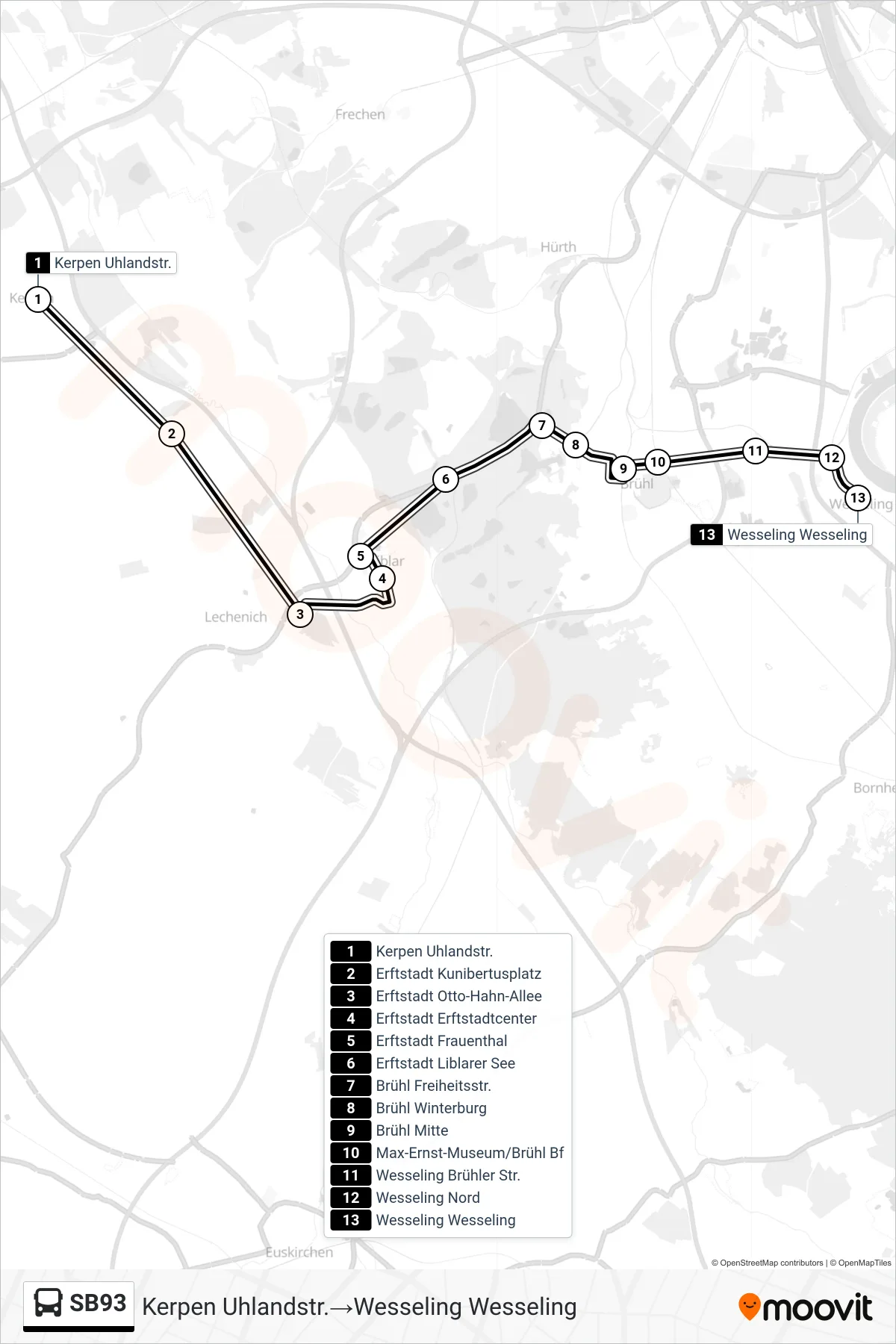 Linie SB93 (Bus) Richtung Kerpen Uhlandstr.‎→Wesseling Wesseling: Route und Haltestellen auf der Karte