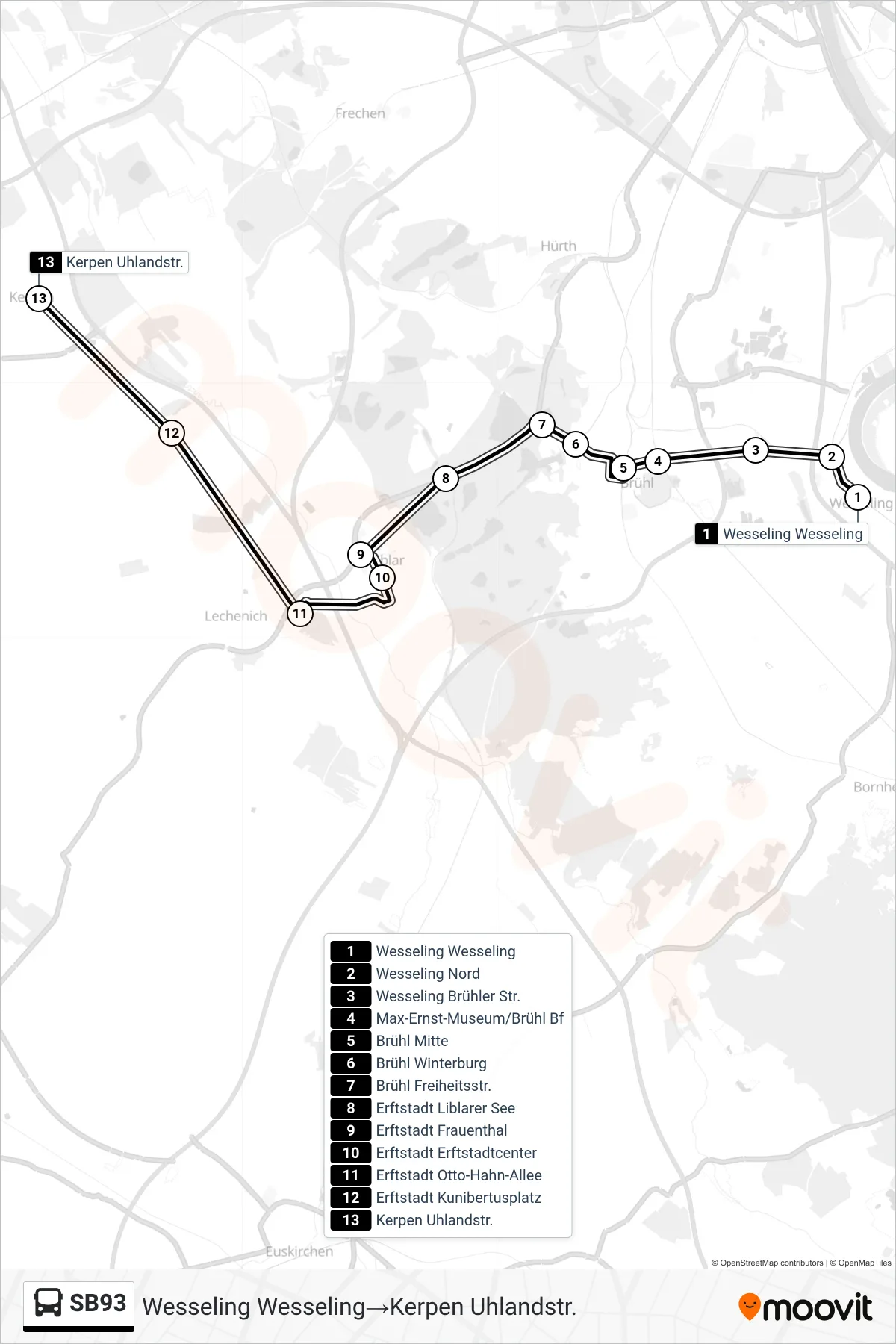 Linie SB93 (Bus) Richtung Wesseling Wesseling‎→Kerpen Uhlandstr.: Route und Haltestellen auf der Karte
