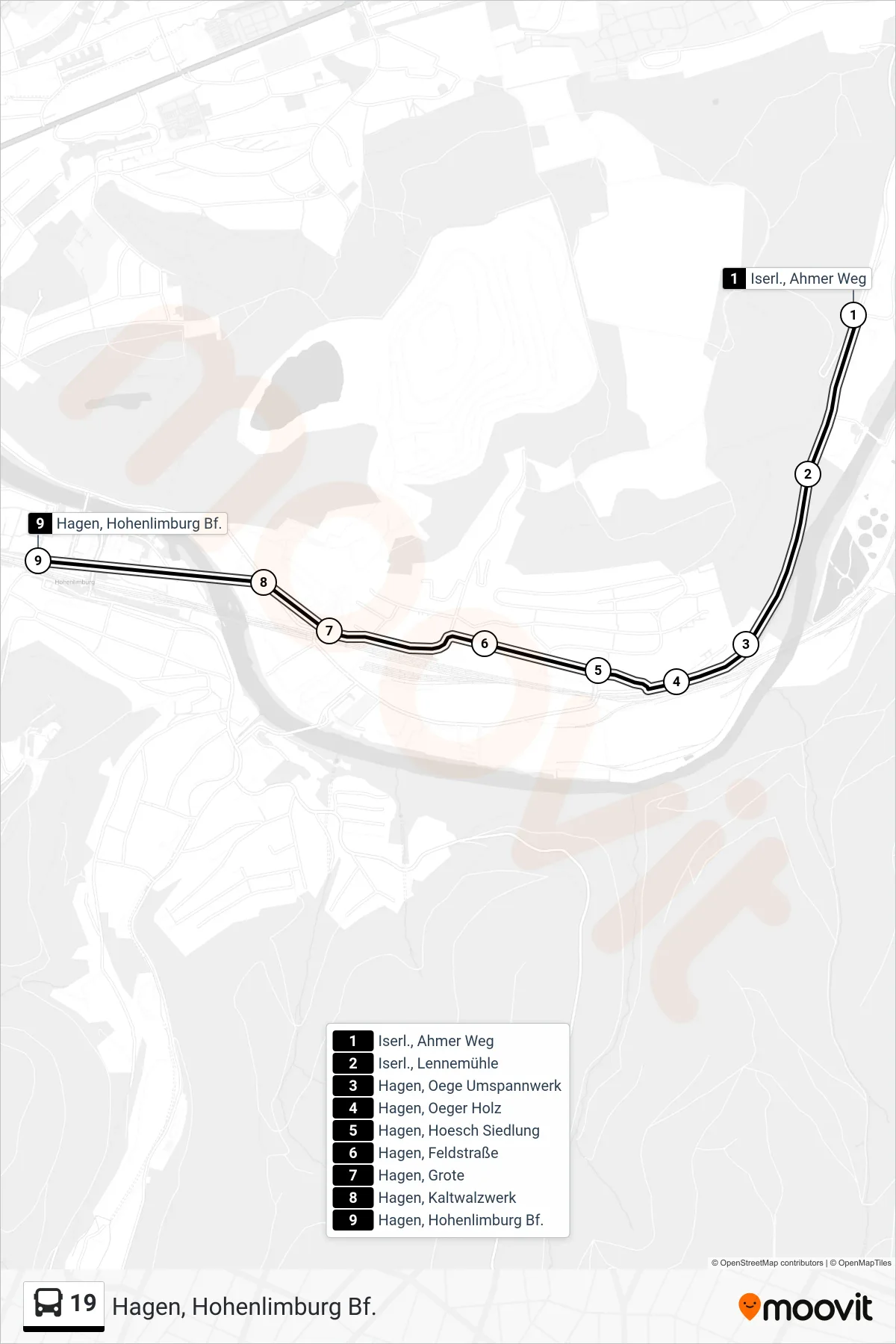 19 bus Line (Hagen, Hohenlimburg Bf.) route and stops on a map