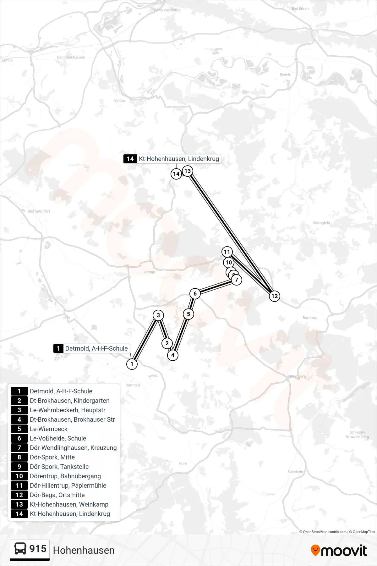 915 bus Line (Hohenhausen) route and stops on a map