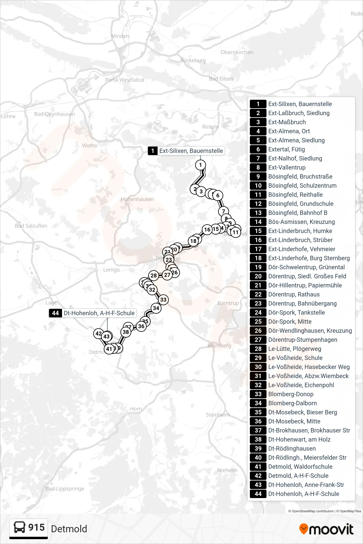 915 bus Line (Detmold) route and stops on a map