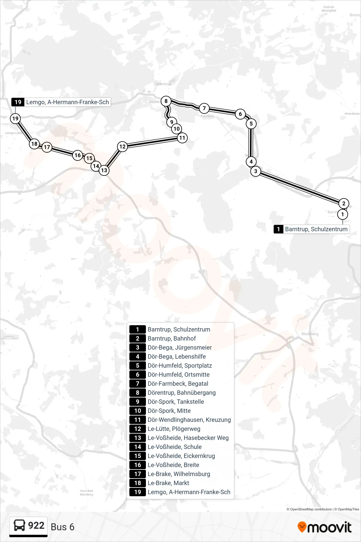 922 bus Line (Bus 6) route and stops on a map