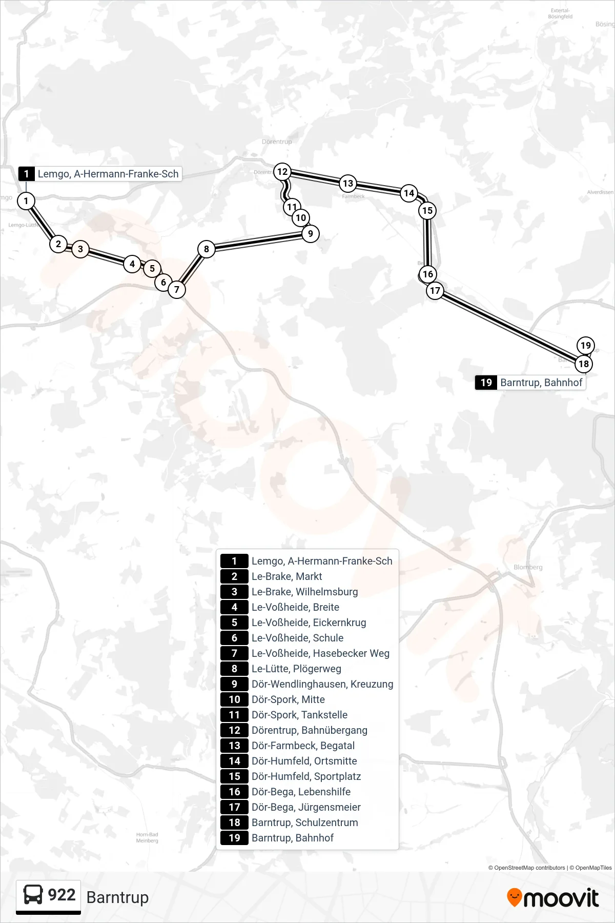 Linie 922 (Bus) Richtung Barntrup: Route und Haltestellen auf der Karte