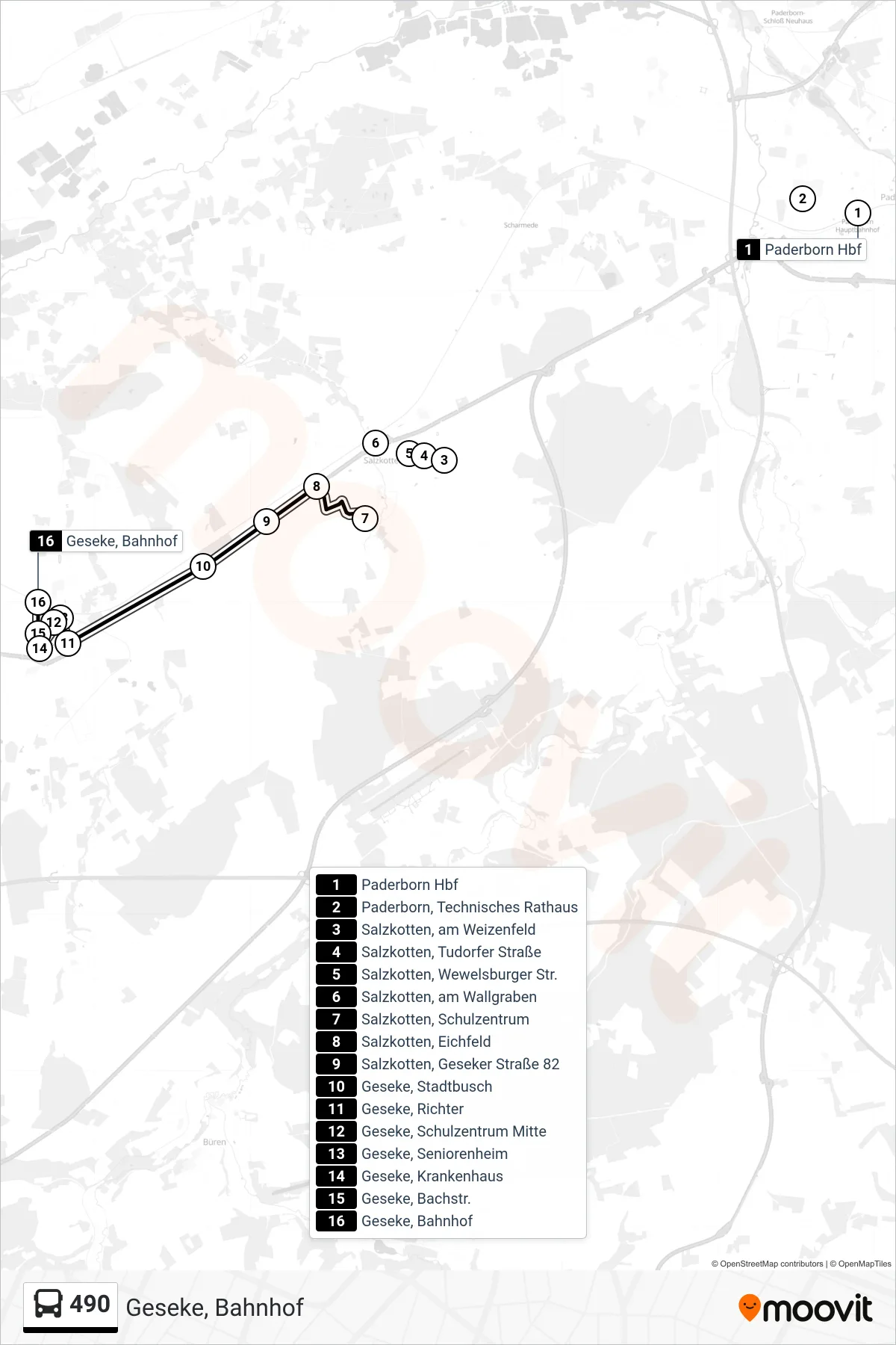 Linie 490 (Bus) Richtung Geseke, Bahnhof: Route und Haltestellen auf der Karte