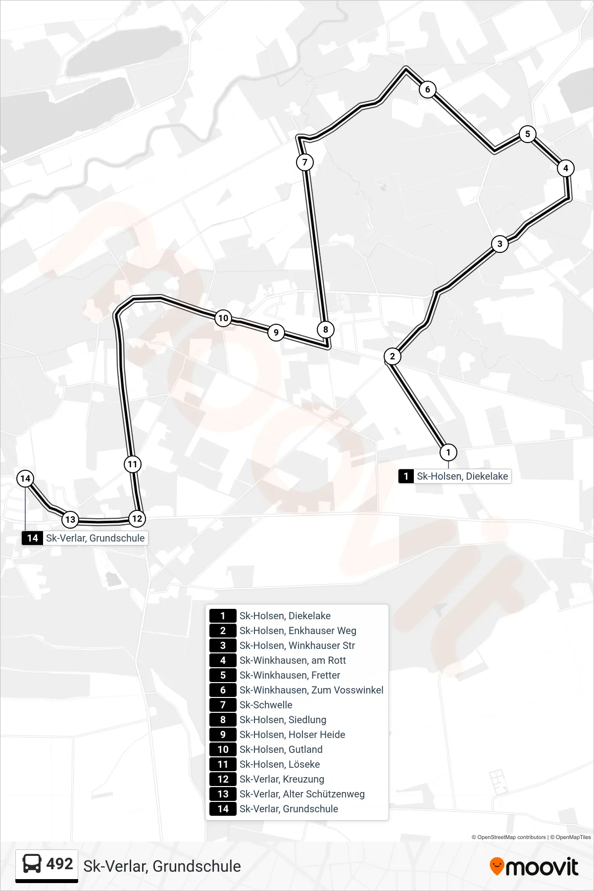 492 bus Line (Sk-Verlar, Grundschule) route and stops on a map