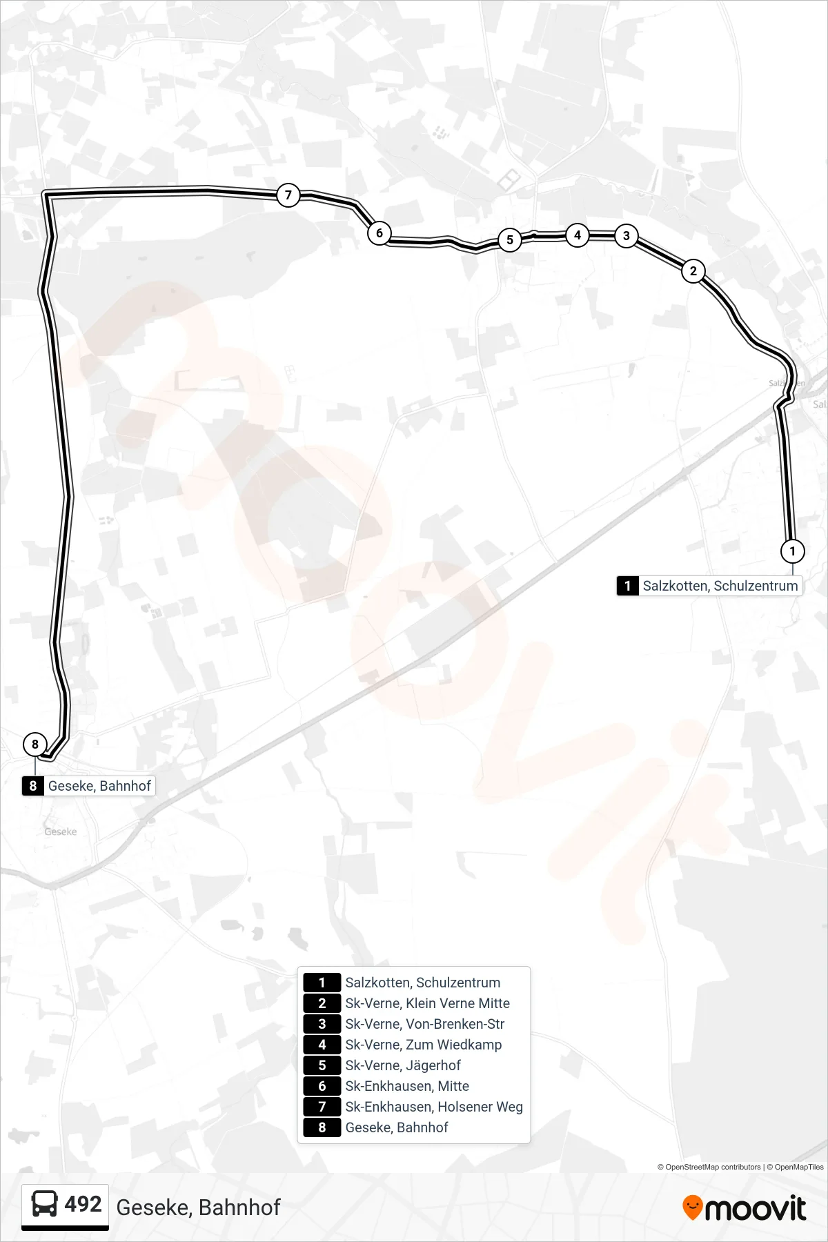 492 bus Line (Geseke, Bahnhof) route and stops on a map