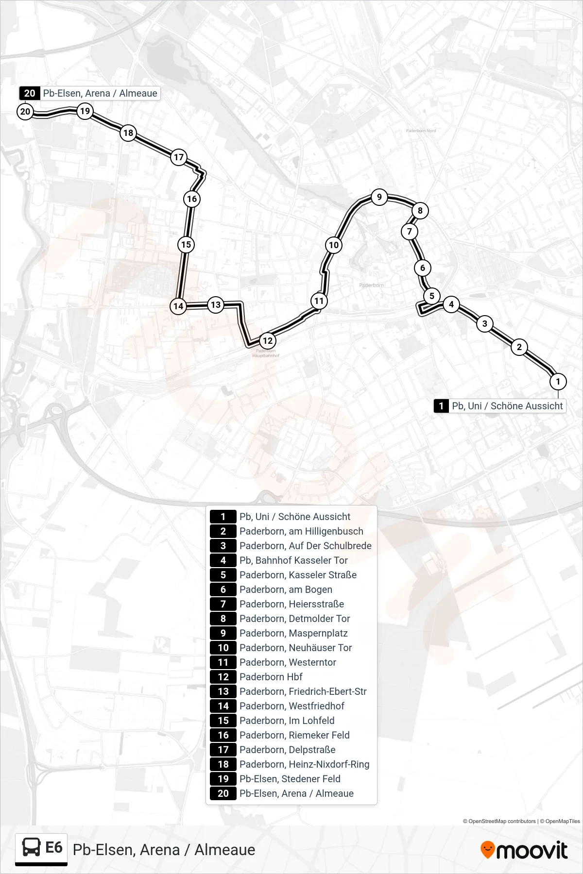 E6 bus Line (Pb-Elsen, Arena / Almeaue) route and stops on a map