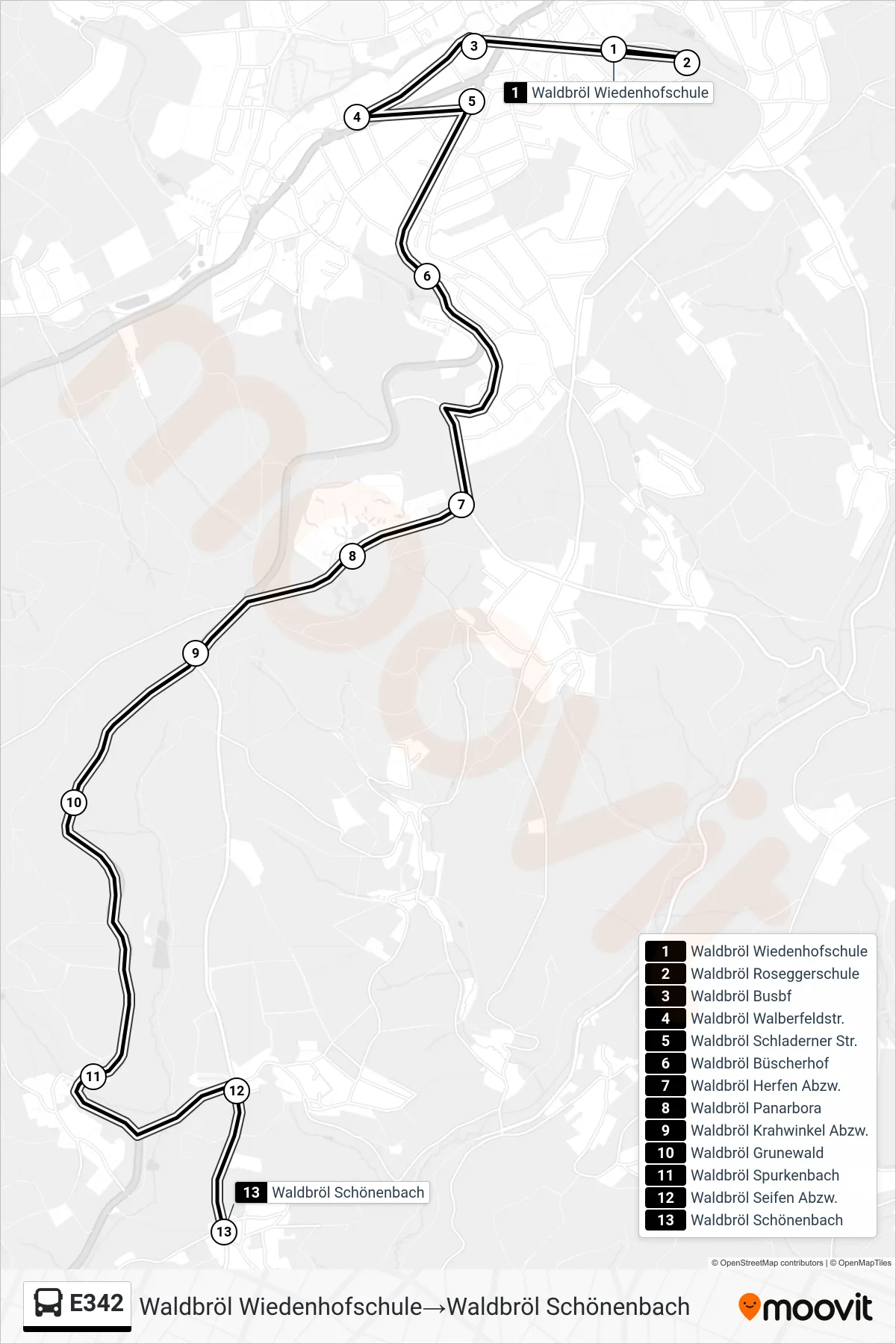 Linie E342 (Bus) Richtung Waldbröl Wiedenhofschule→Waldbröl Schönenbach: Route und Haltestellen auf der Karte
