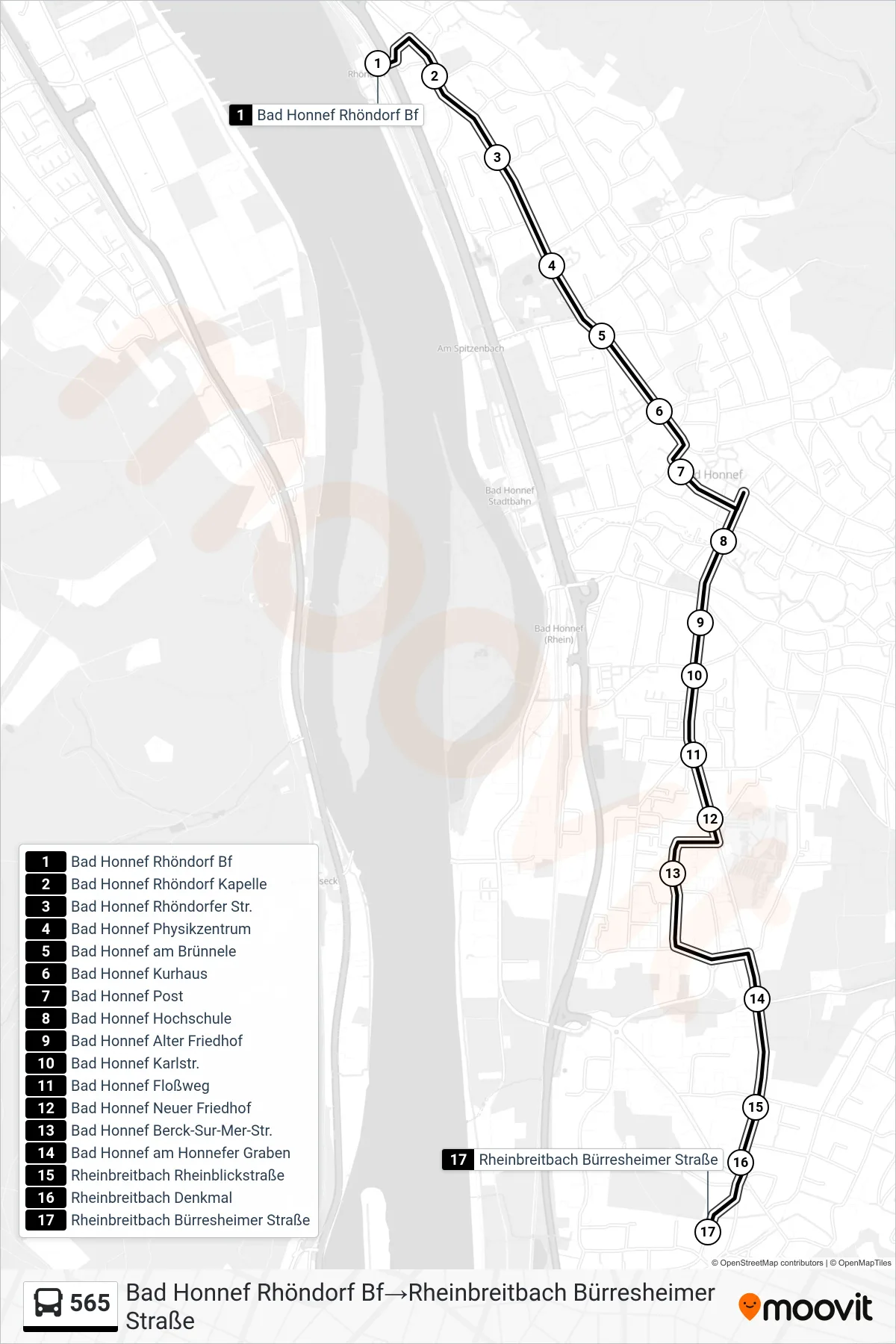 Linie 565 (Bus) Richtung Bad Honnef Rhöndorf Bf‎→Rheinbreitbach Bürresheimer Straße: Route und Haltestellen auf der Karte