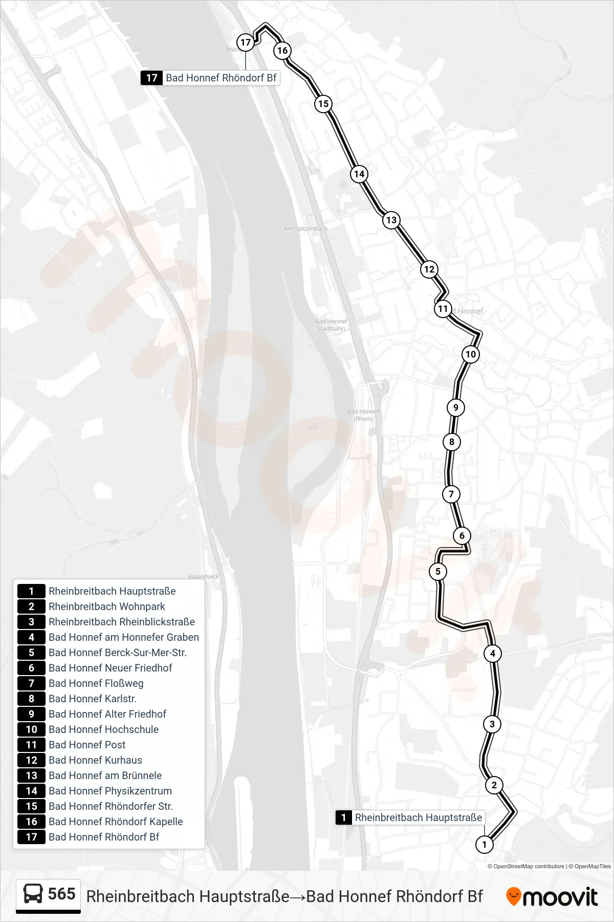Linie 565 (Bus) Richtung Rheinbreitbach Hauptstraße→Bad Honnef Rhöndorf Bf: Route und Haltestellen auf der Karte