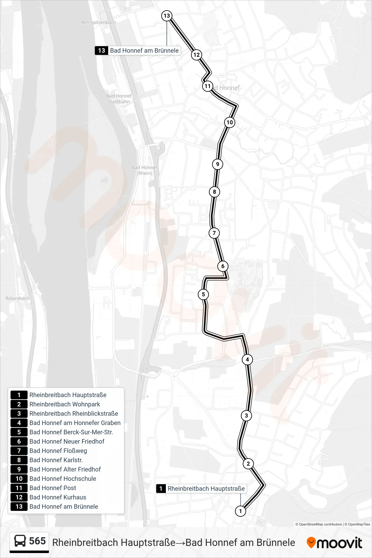 Linie 565 (Bus) Richtung Rheinbreitbach Hauptstraße→Bad Honnef am Brünnele: Route und Haltestellen auf der Karte