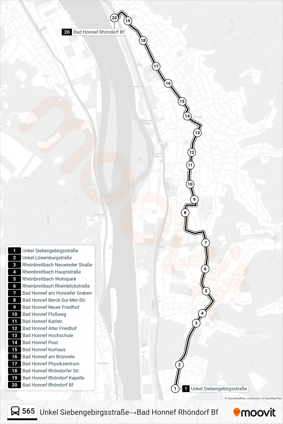 565 bus Line (Unkel Siebengebirgsstraße→Bad Honnef Rhöndorf Bf) route and stops on a map