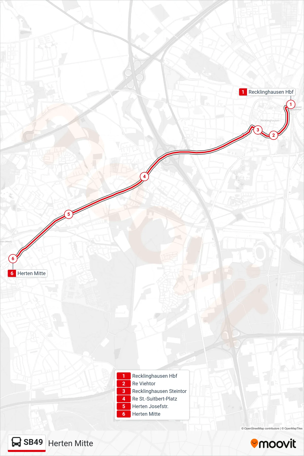 Linie SB49 (Bus) Richtung Herten Mitte: Route und Haltestellen auf der Karte