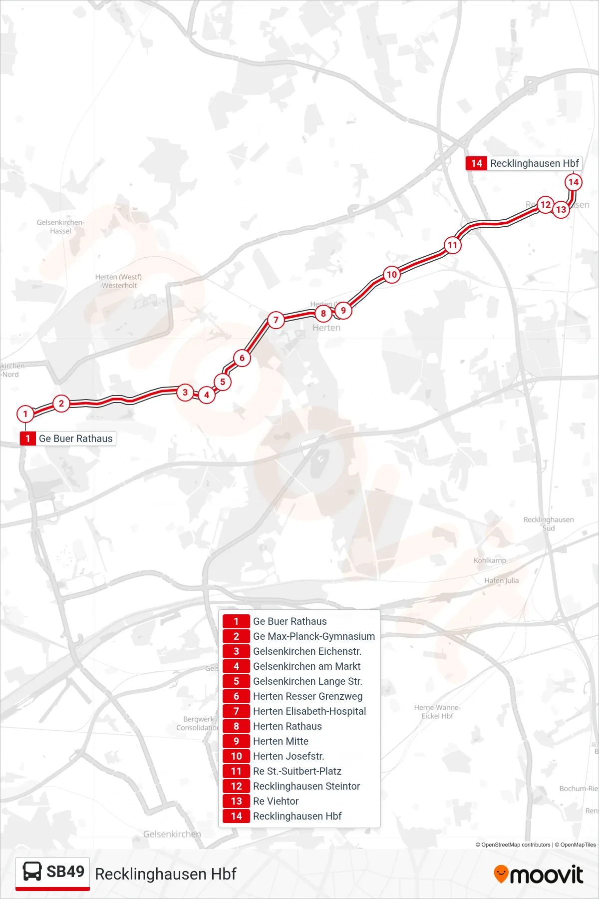 SB49 bus Line (Recklinghausen Hbf) route and stops on a map