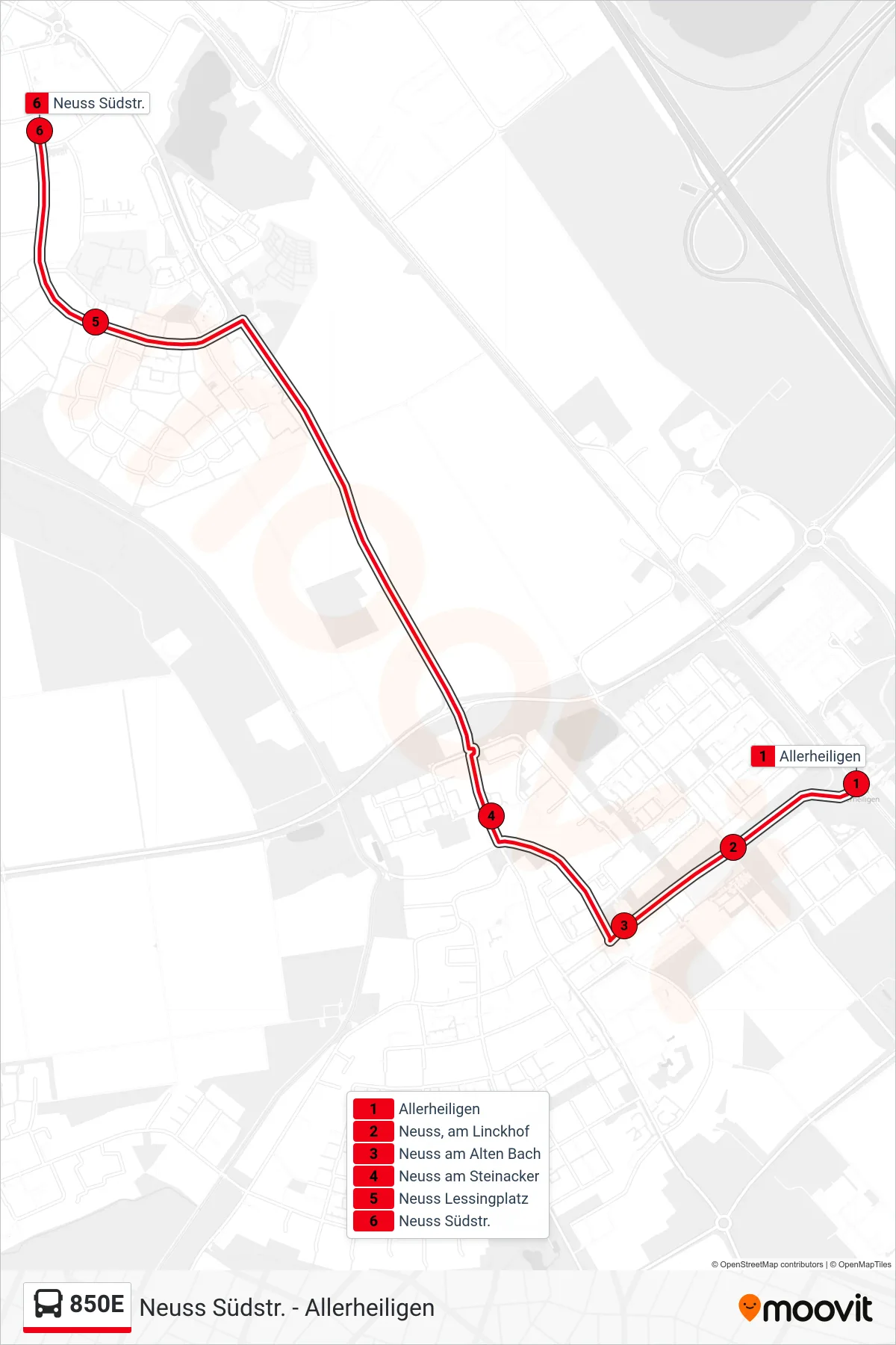 Linie 850E (Bus) Richtung Neuss Südstr.: Route und Haltestellen auf der Karte