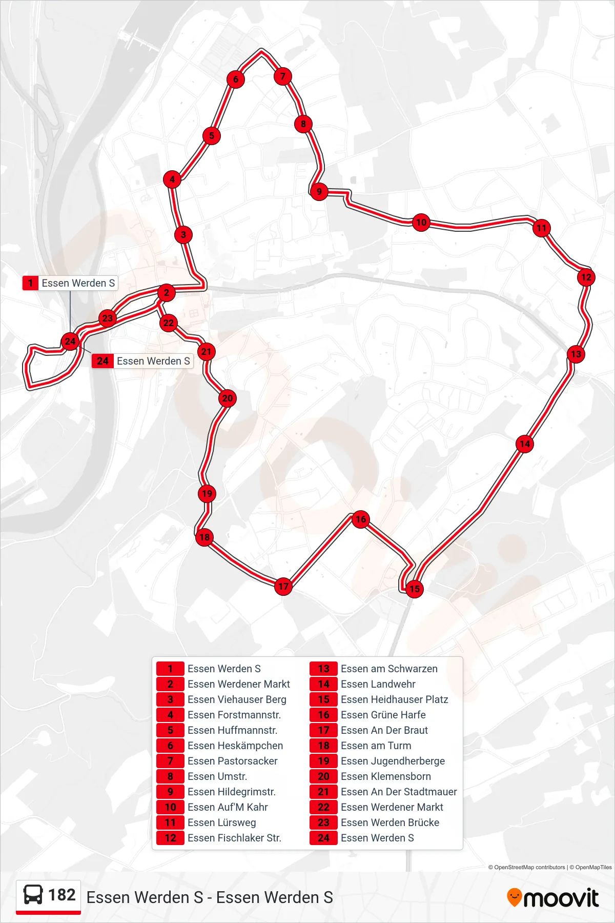 Linie 182 (Bus) Richtung Essen Werden S: Route und Haltestellen auf der Karte