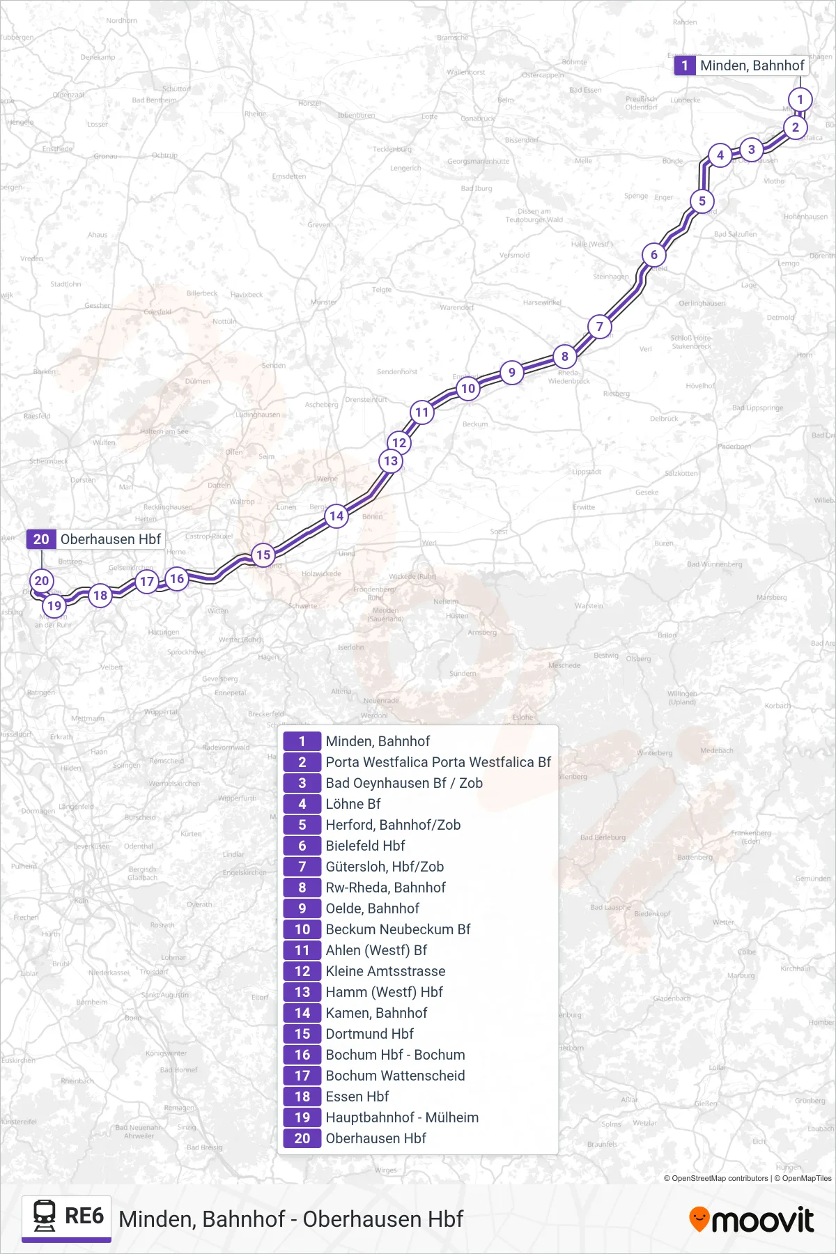 Linie RE6 (Bahn) Richtung Oberhausen Hbf: Route und Haltestellen auf der Karte