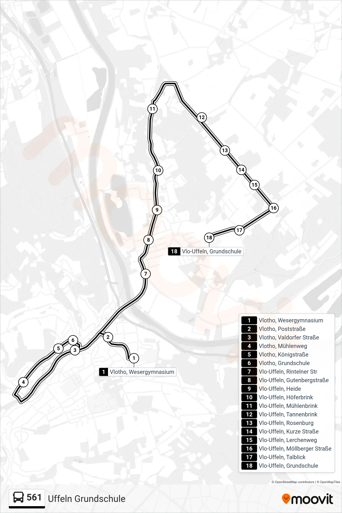561 bus Line (Uffeln Grundschule) route and stops on a map
