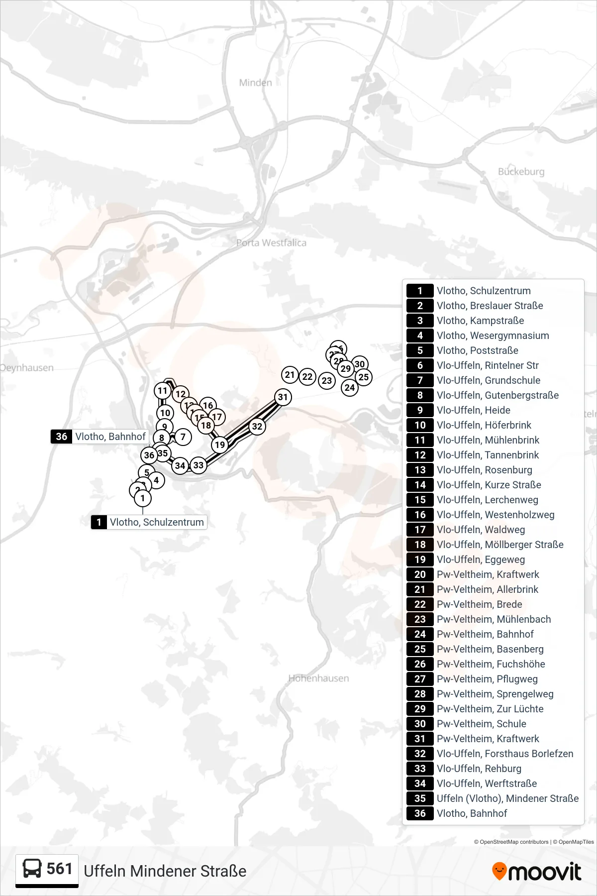 561 bus Line (Uffeln Mindener Straße) route and stops on a map
