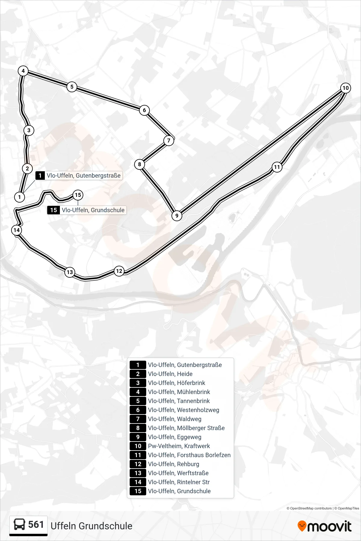 561 bus Line (Uffeln Grundschule) route and stops on a map