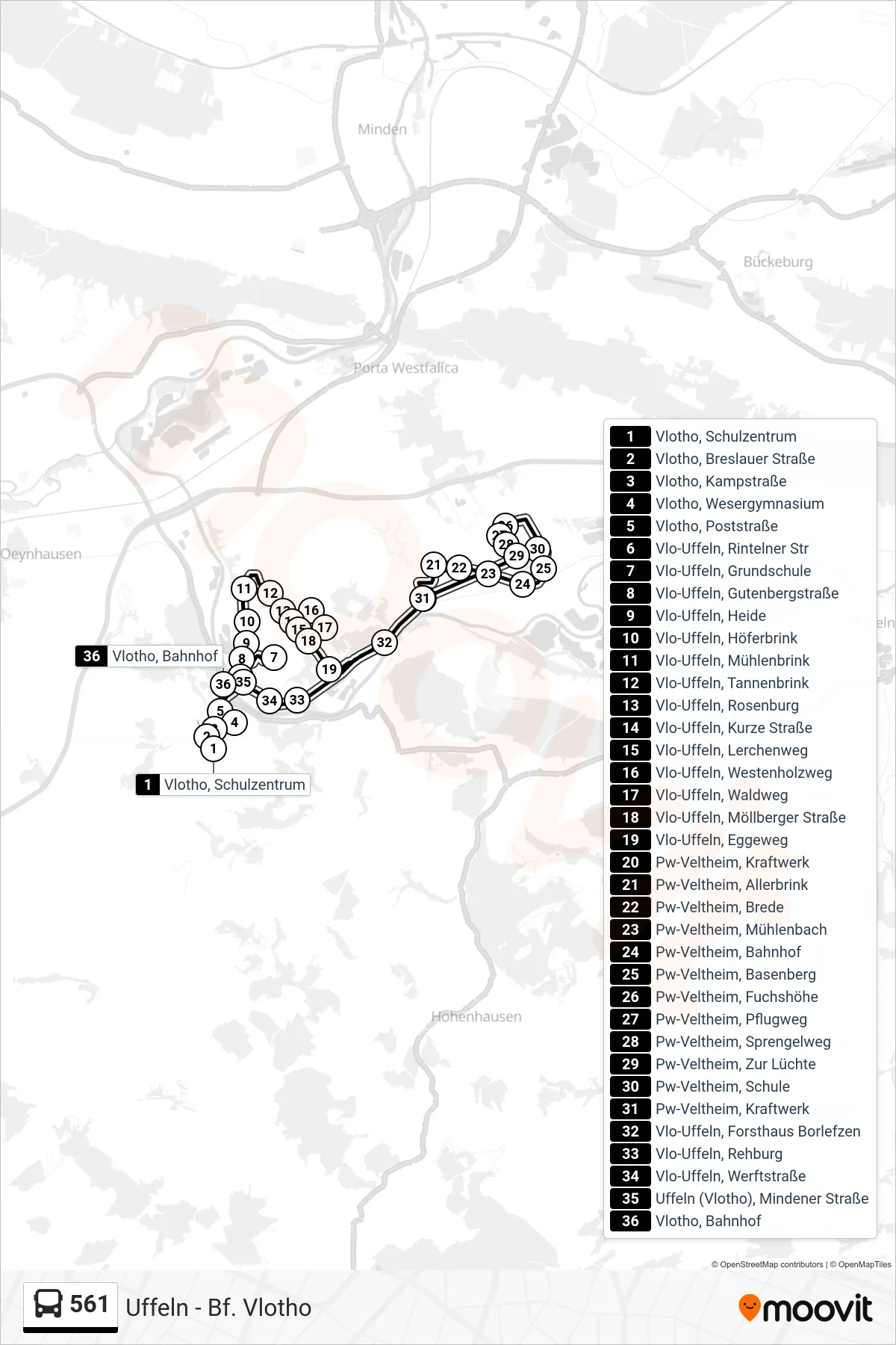 561 bus Line (Uffeln - Bf. Vlotho) route and stops on a map