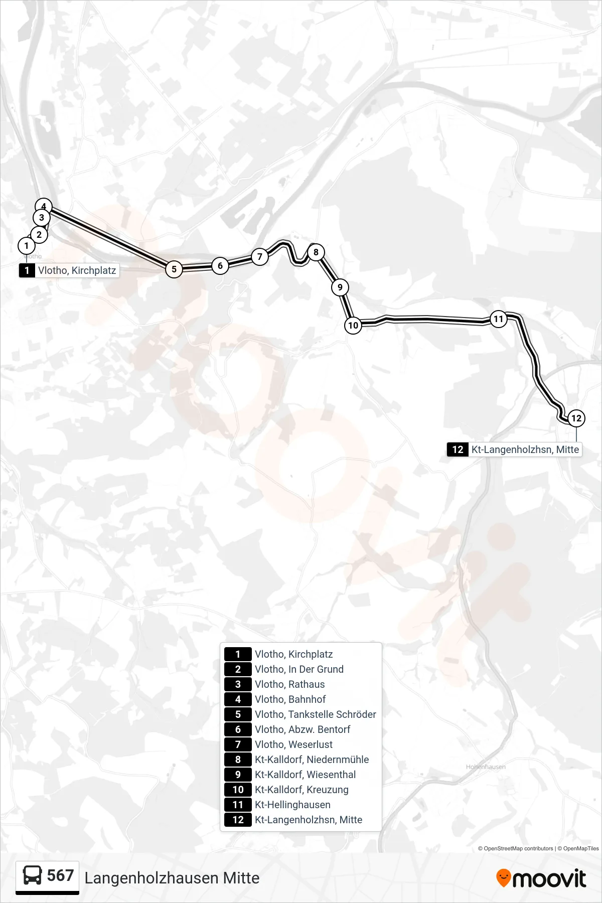 Linie 567 (Bus) Richtung Langenholzhausen Mitte: Route und Haltestellen auf der Karte