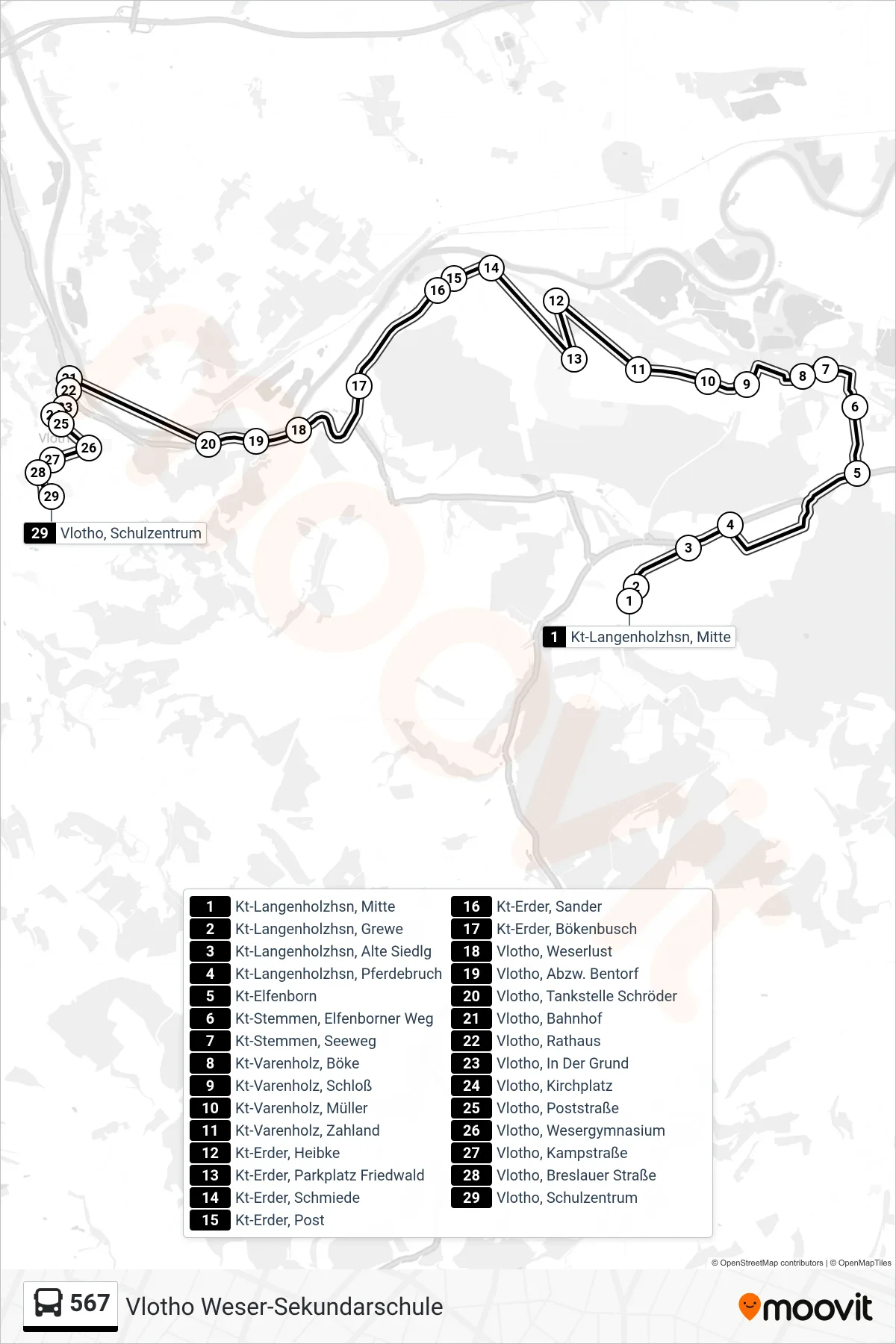 567 bus Line (Vlotho Weser-Sekundarschule) route and stops on a map