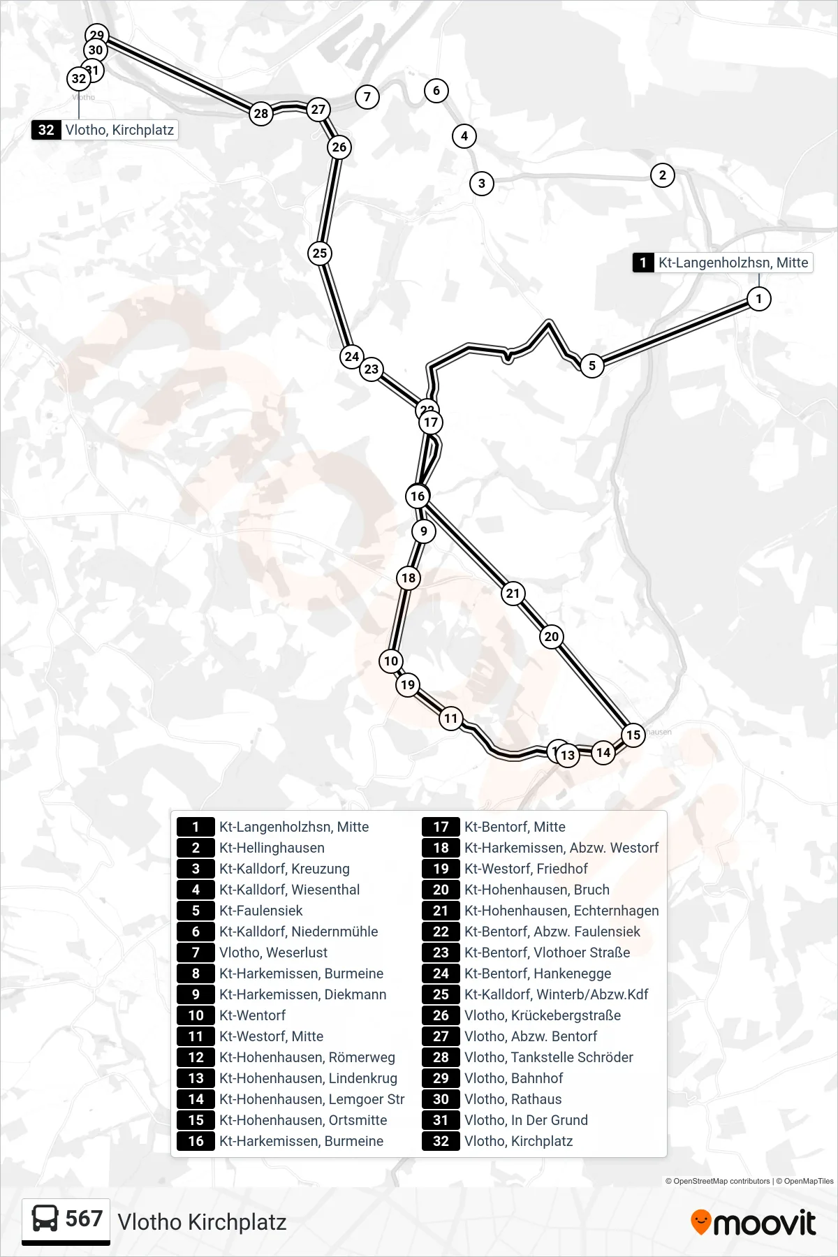 567 bus Line (Vlotho Kirchplatz) route and stops on a map