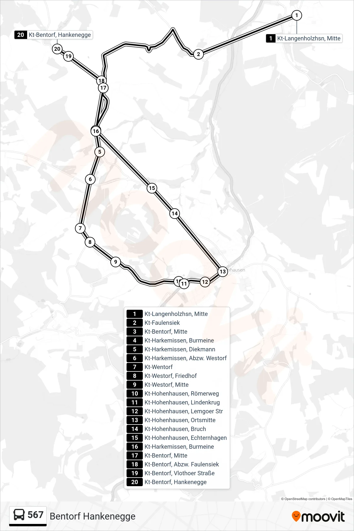 567 bus Line (Bentorf Hankenegge) route and stops on a map