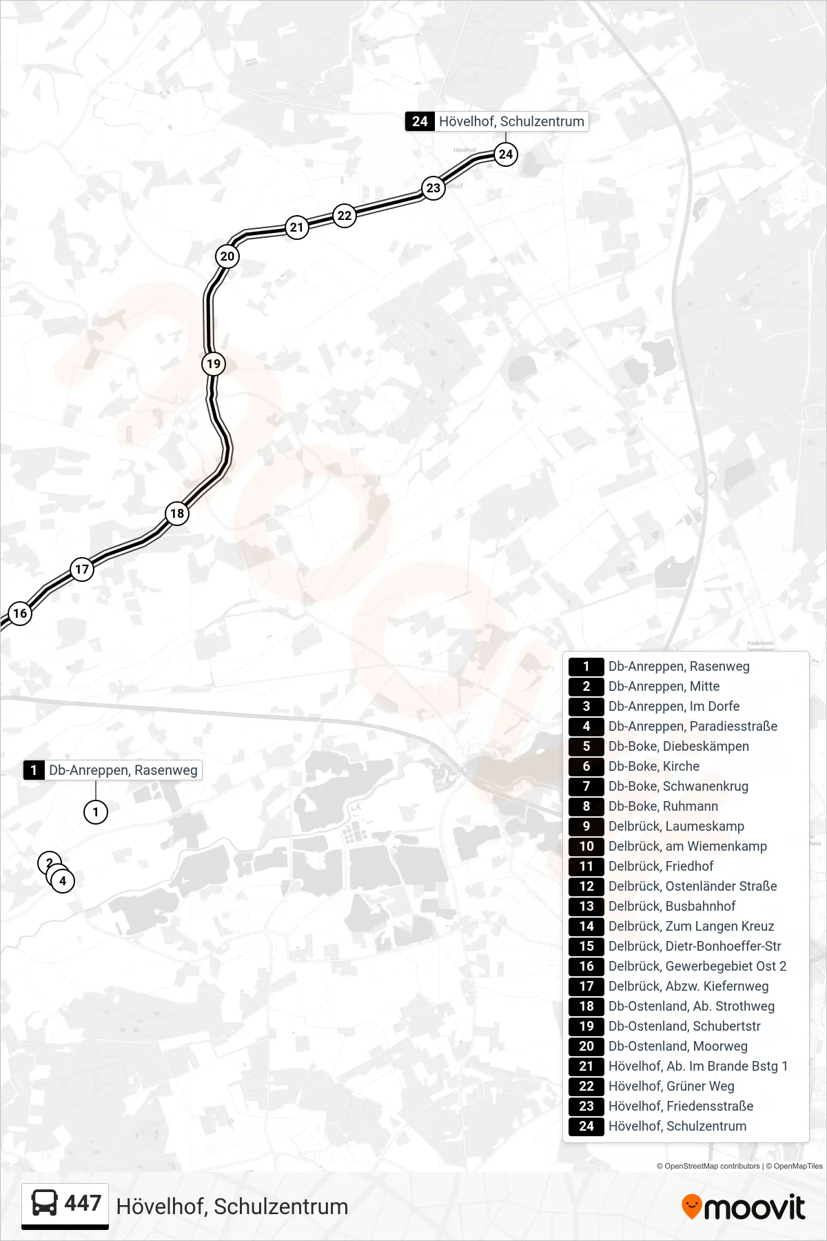 447 bus Line (Hövelhof, Schulzentrum) route and stops on a map
