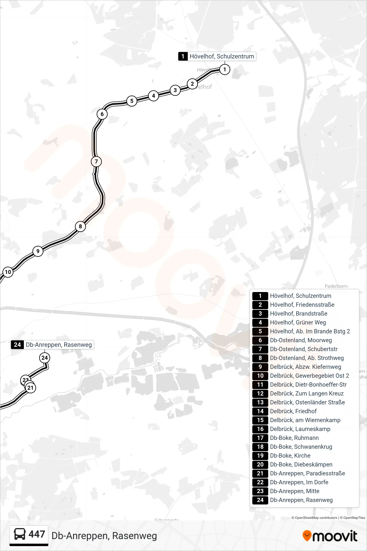 447 bus Line (Db-Anreppen, Rasenweg) route and stops on a map