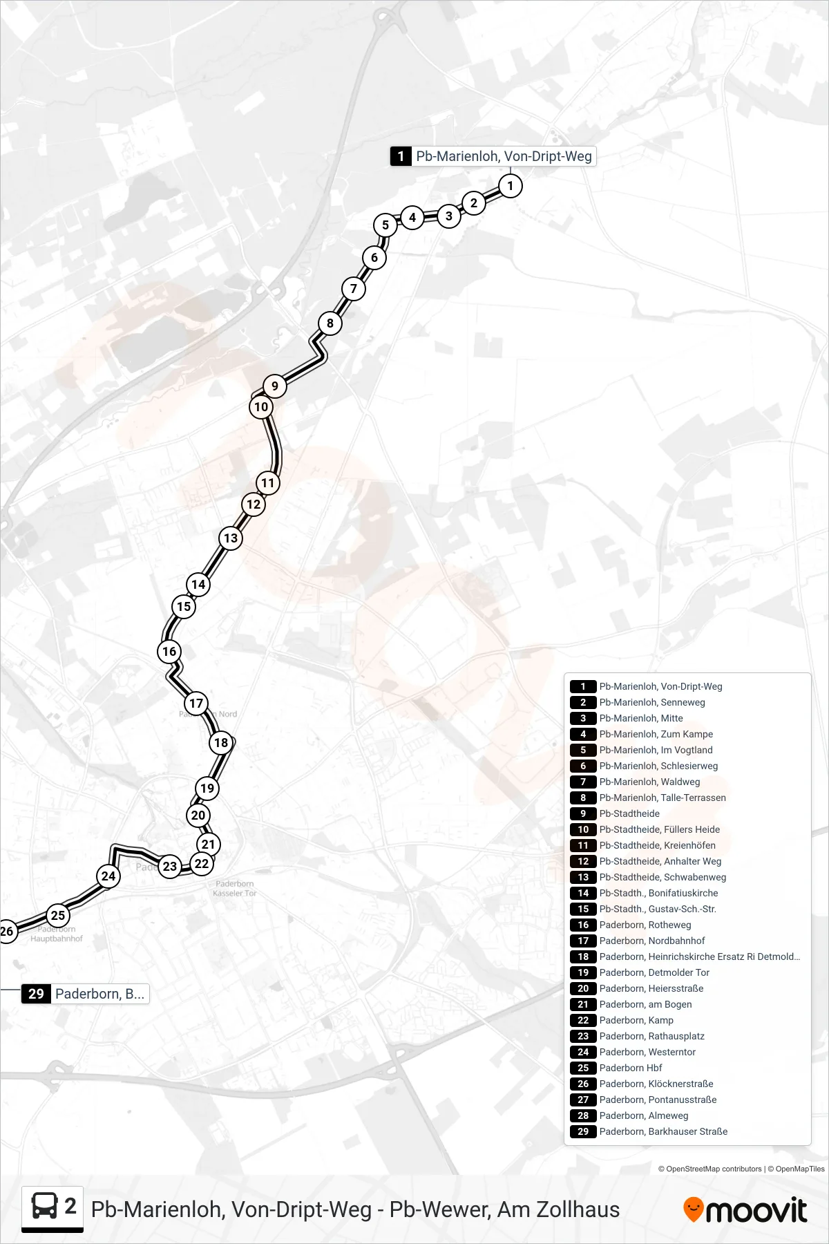 2 bus Line (Paderborn, Barkhauser Straße) route and stops on a map