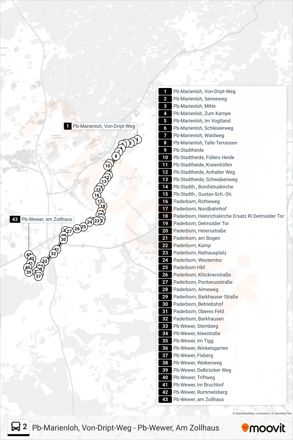 2 bus Line (Pb-Wewer, am Zollhaus) route and stops on a map