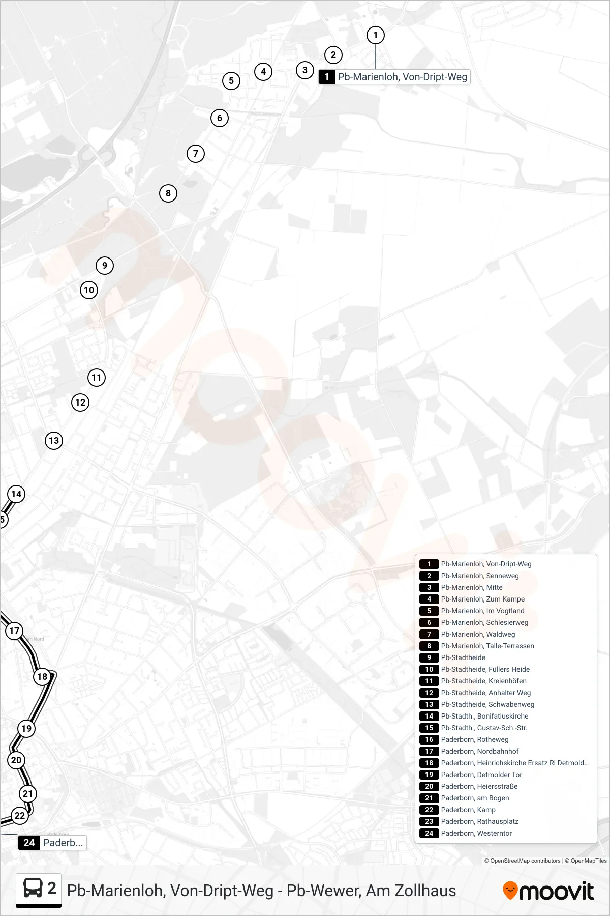2 bus Line (Paderborn, Westerntor Steig B1) route and stops on a map