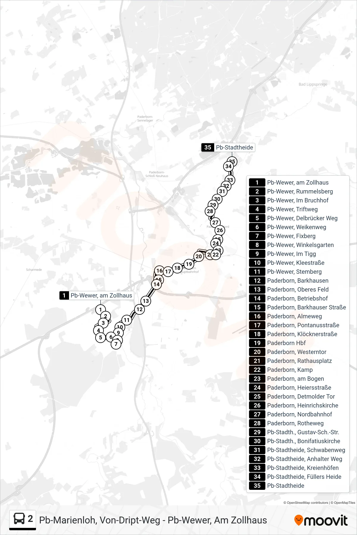 2 bus Line (Pb-Stadtheide) route and stops on a map