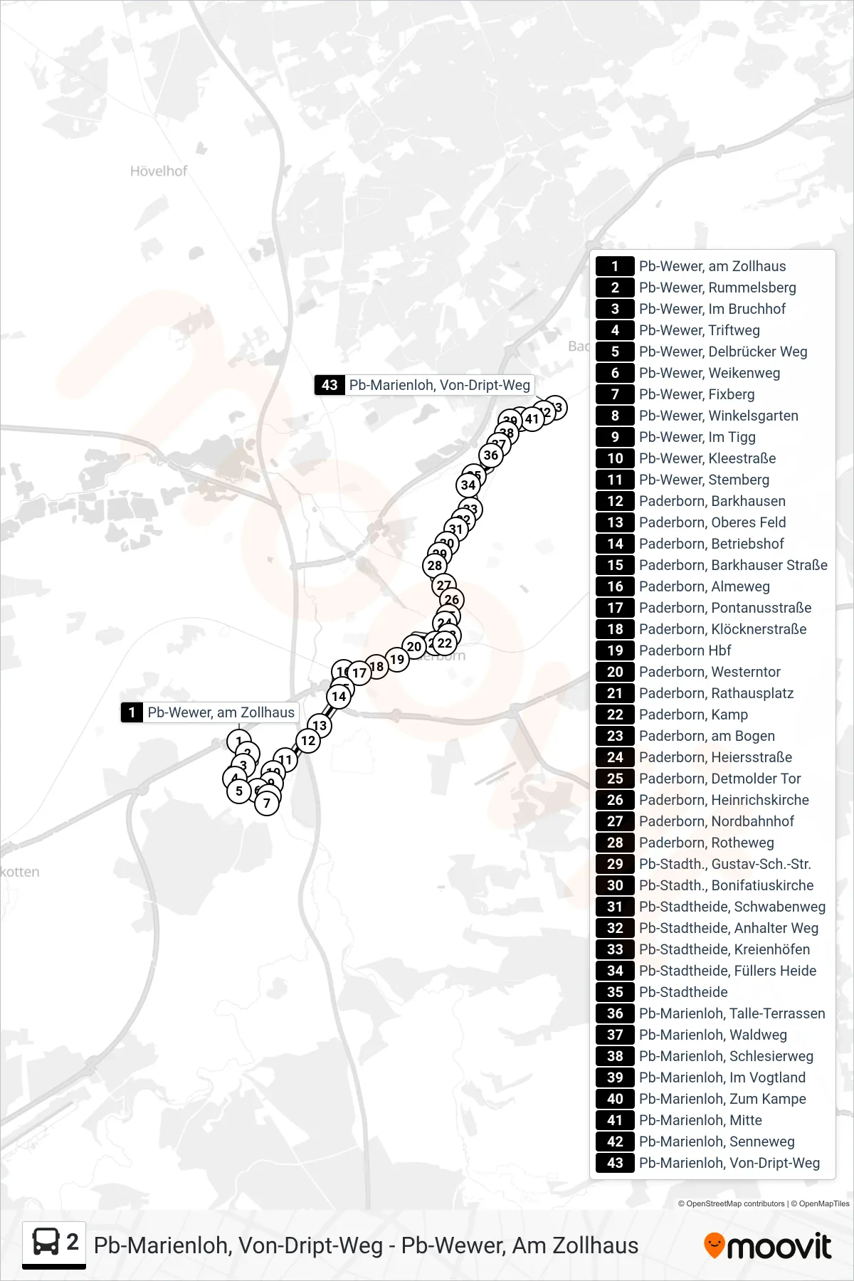 2 bus Line (Pb-Marienloh, Von-Dript-Weg) route and stops on a map
