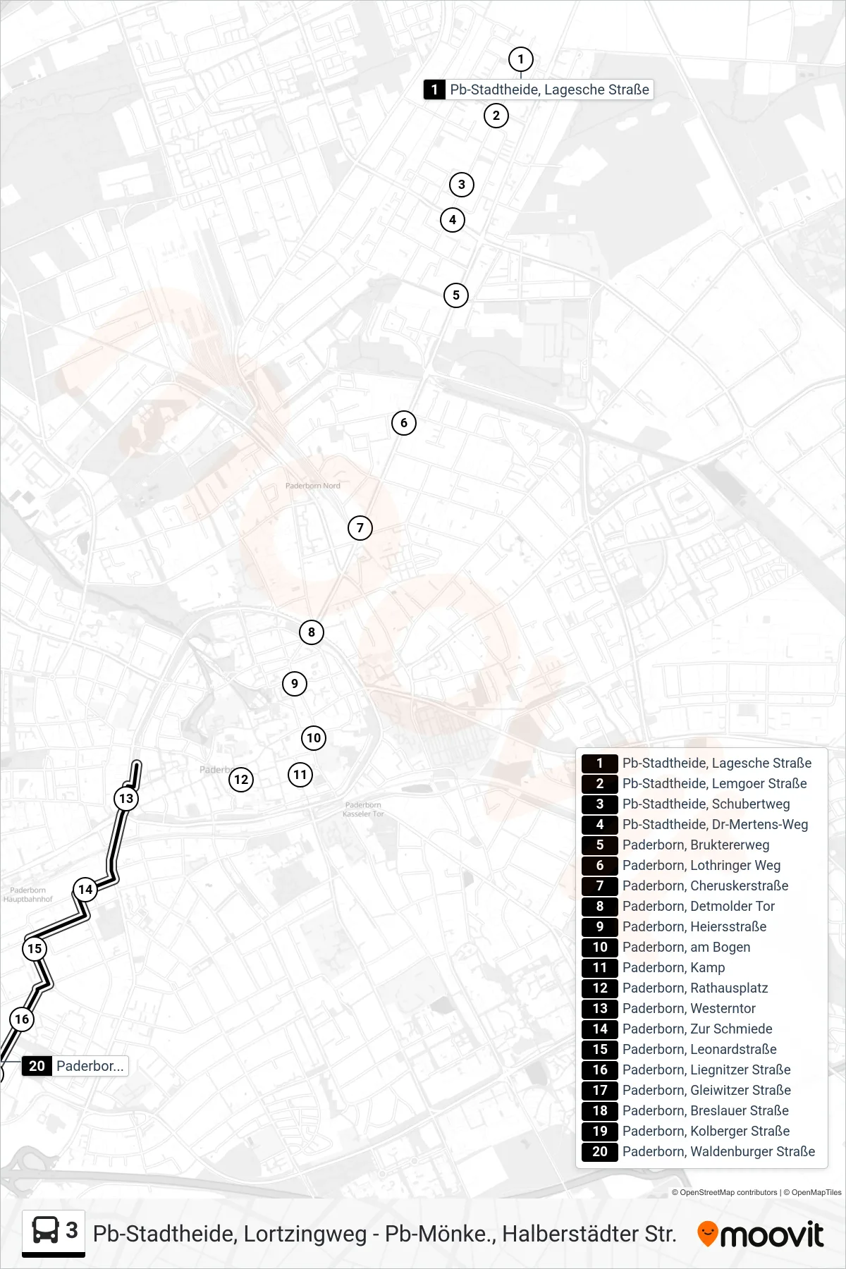3 bus Line (Paderborn, Waldenburger Straße) route and stops on a map
