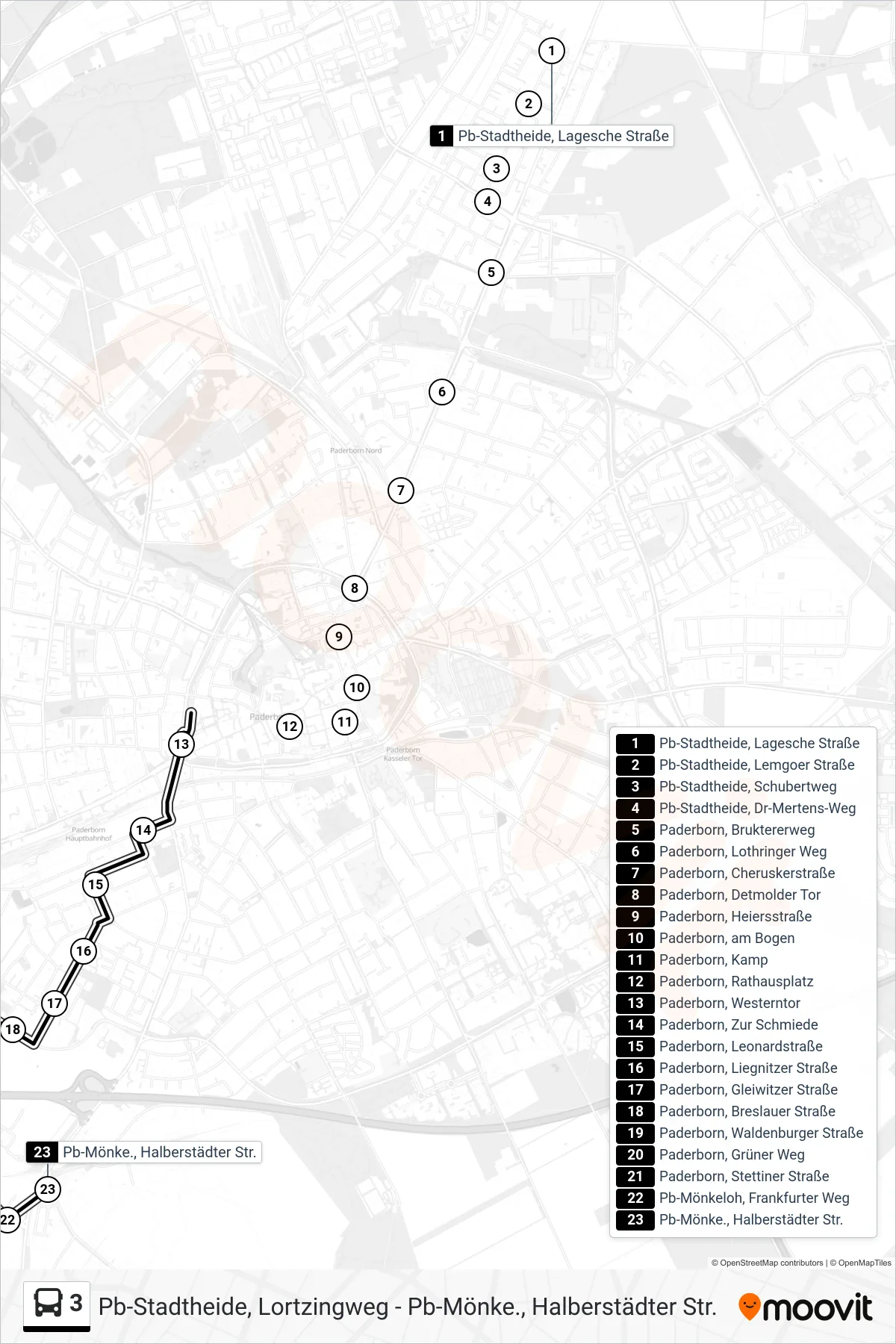 3 bus Line (Pb-Mönke., Halberstädter Str.) route and stops on a map