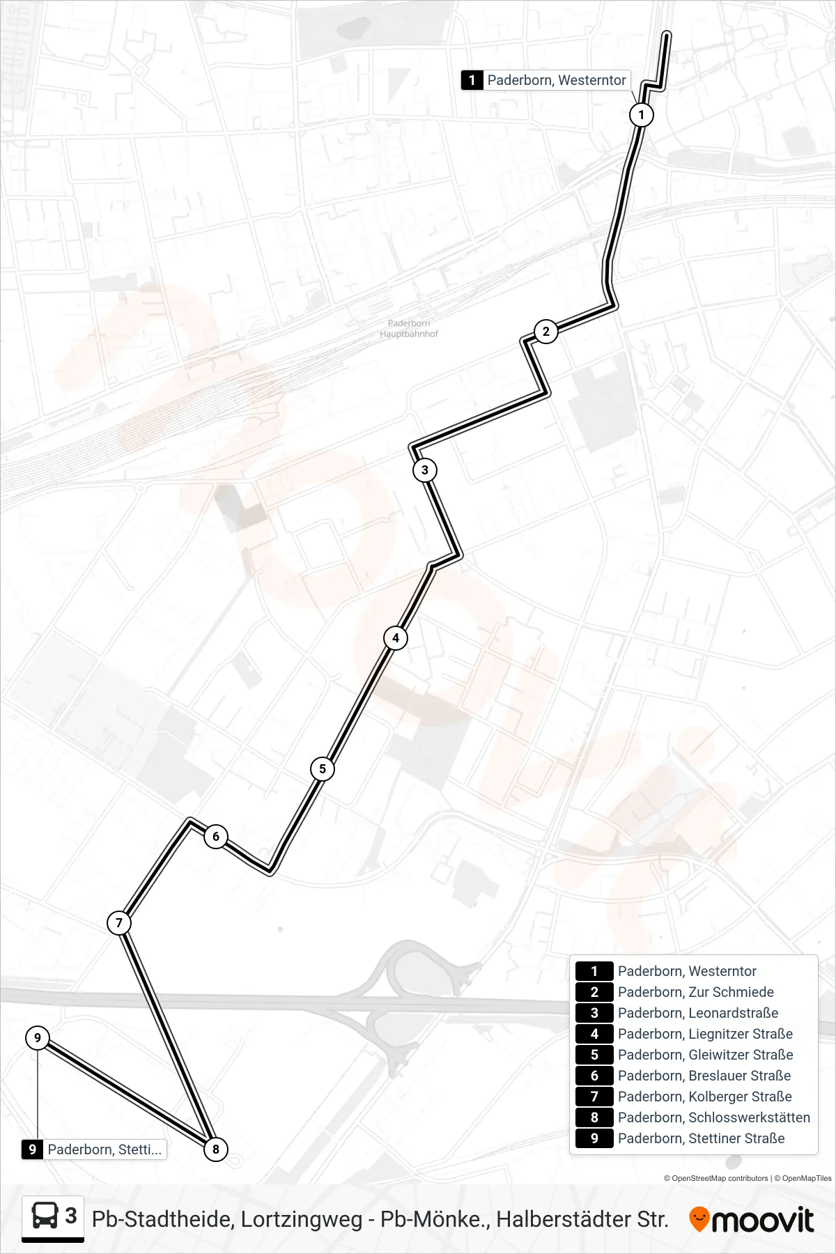 3 bus Line (Paderborn, Stettiner Straße) route and stops on a map