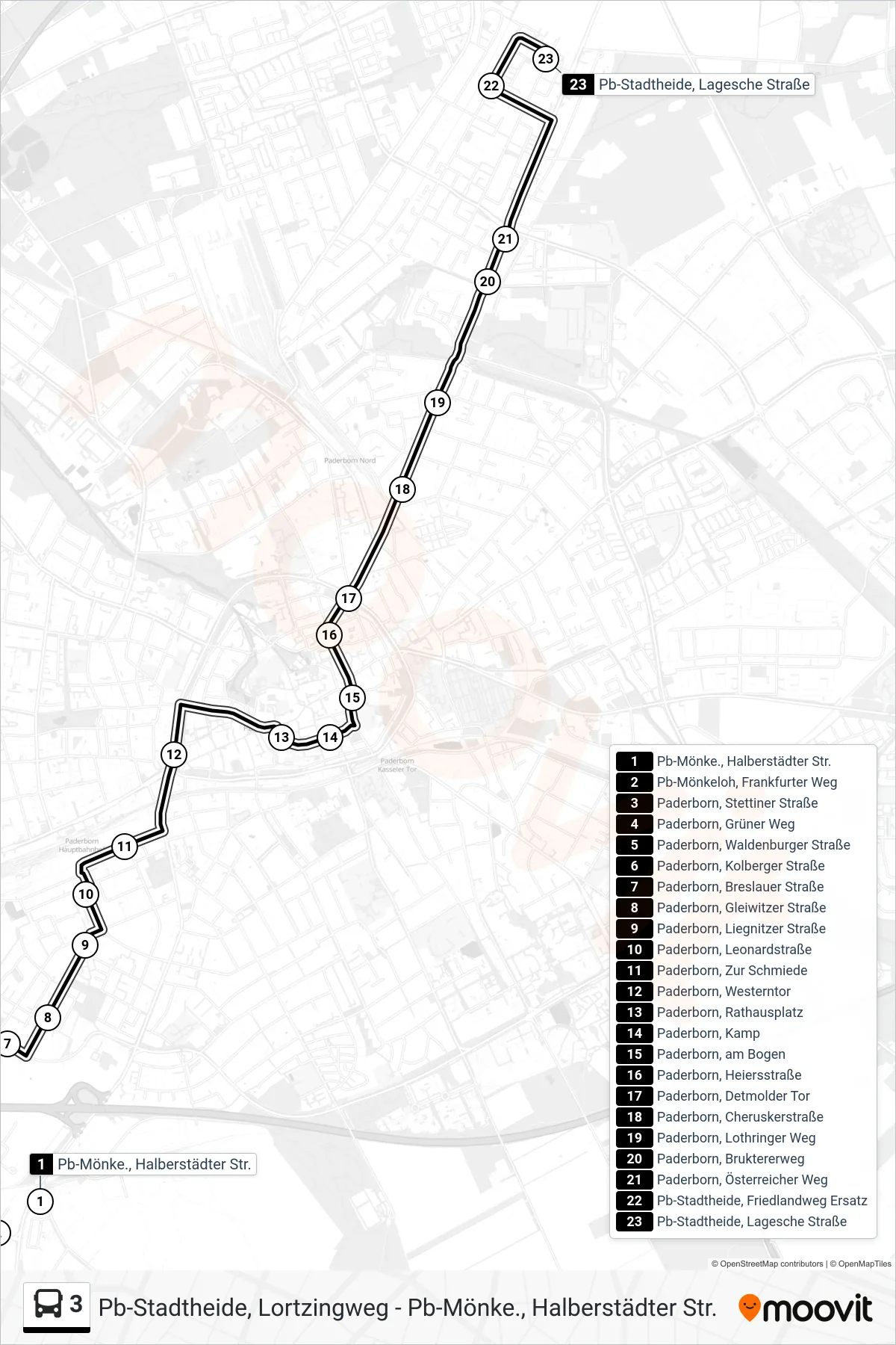 3 bus Line (Pb-Stadtheide, Lagesche Straße) route and stops on a map