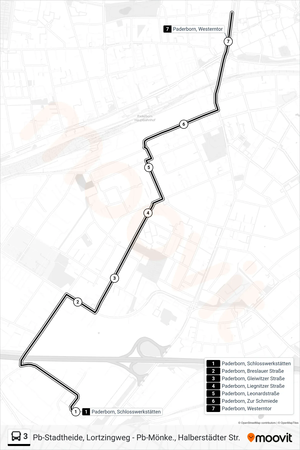 3 bus Line (Paderborn, Westerntor Steig A2) route and stops on a map