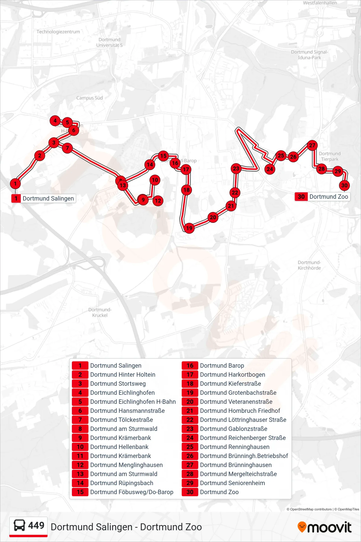 Linie 449 (Bus) Richtung Dortmund Zoo: Route und Haltestellen auf der Karte